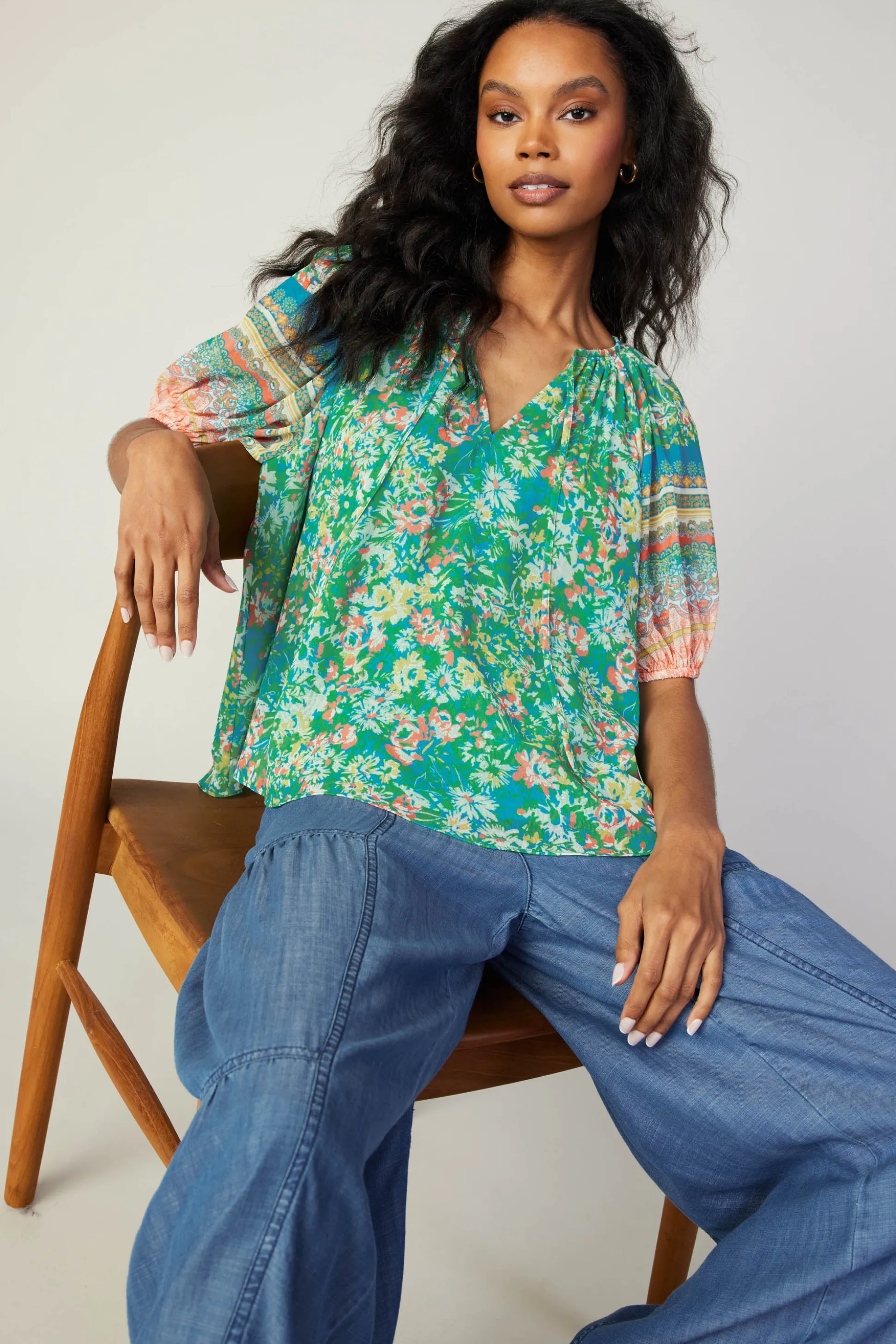 Bordered Floral Print Top<Current Air Discount