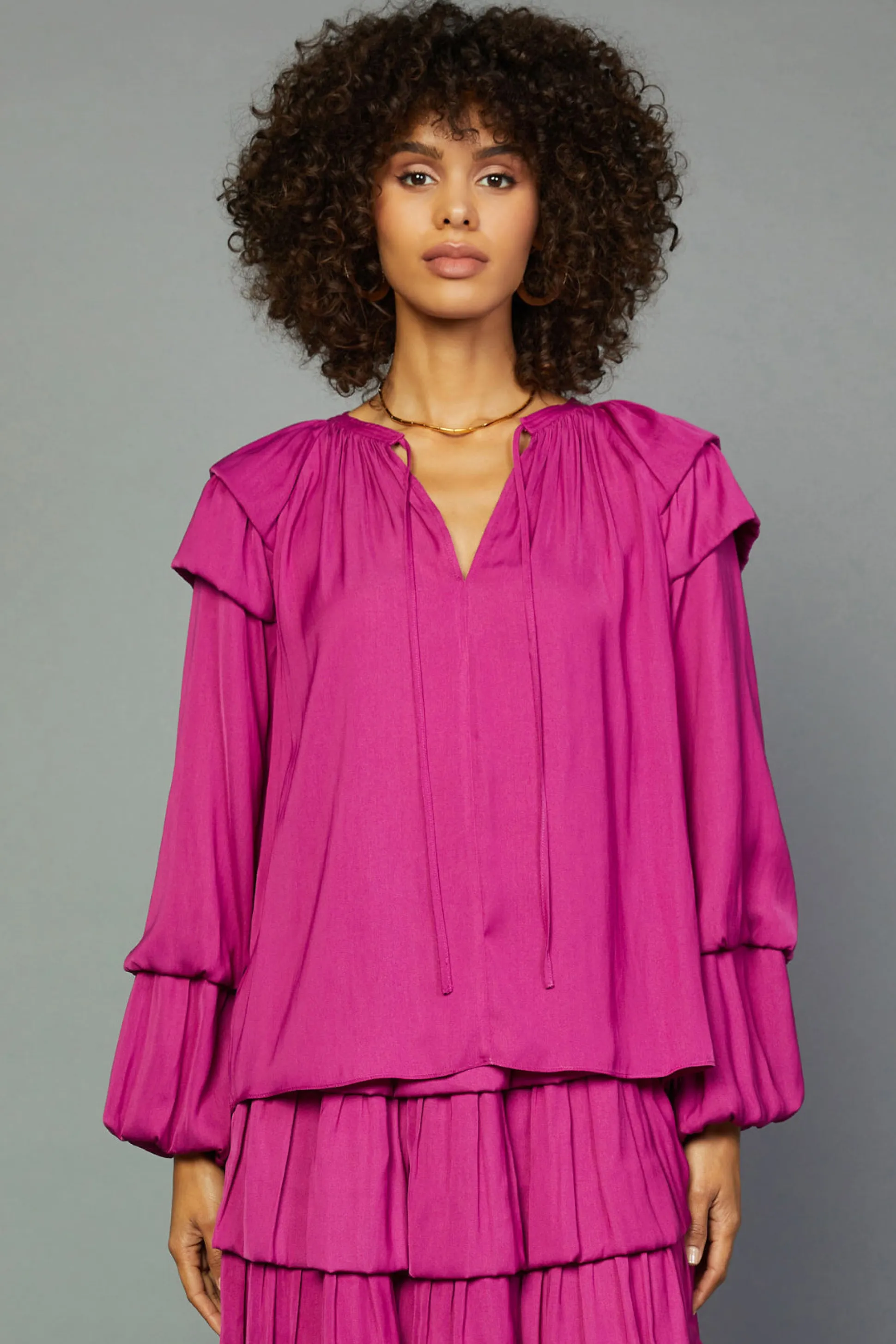 Tiered Bubble Sleeve Blouse<Current Air Fashion