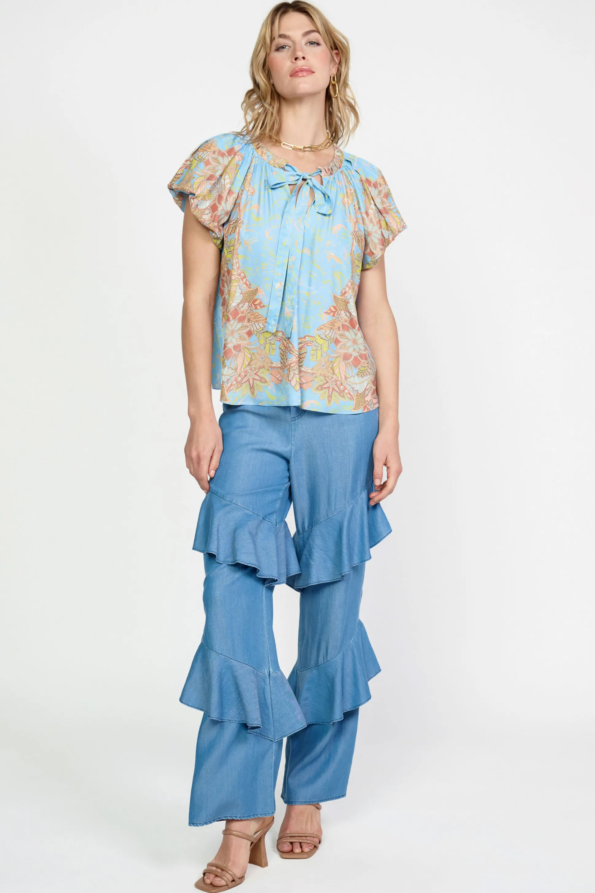 Retro Floral Bubble Sleeve Top<Current Air Best