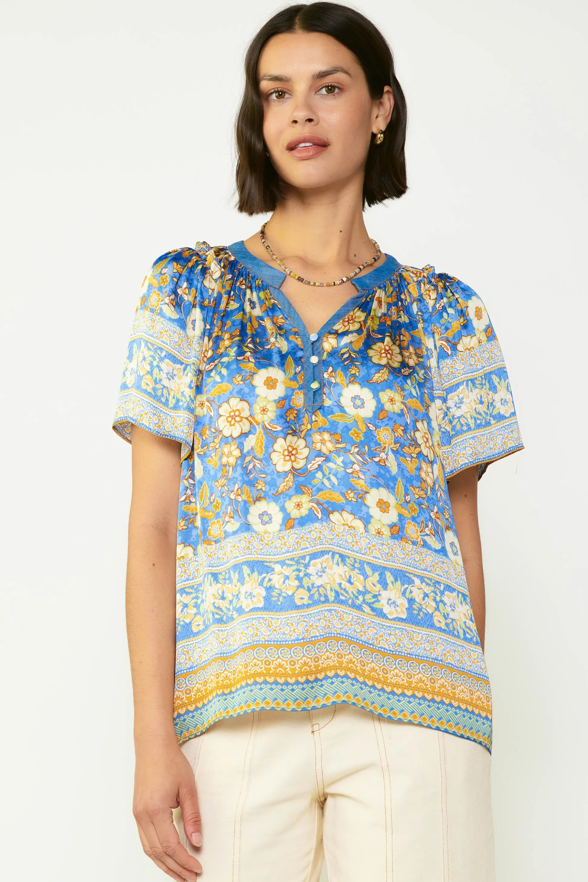 Floral Border Print Blouse<Current Air Fashion