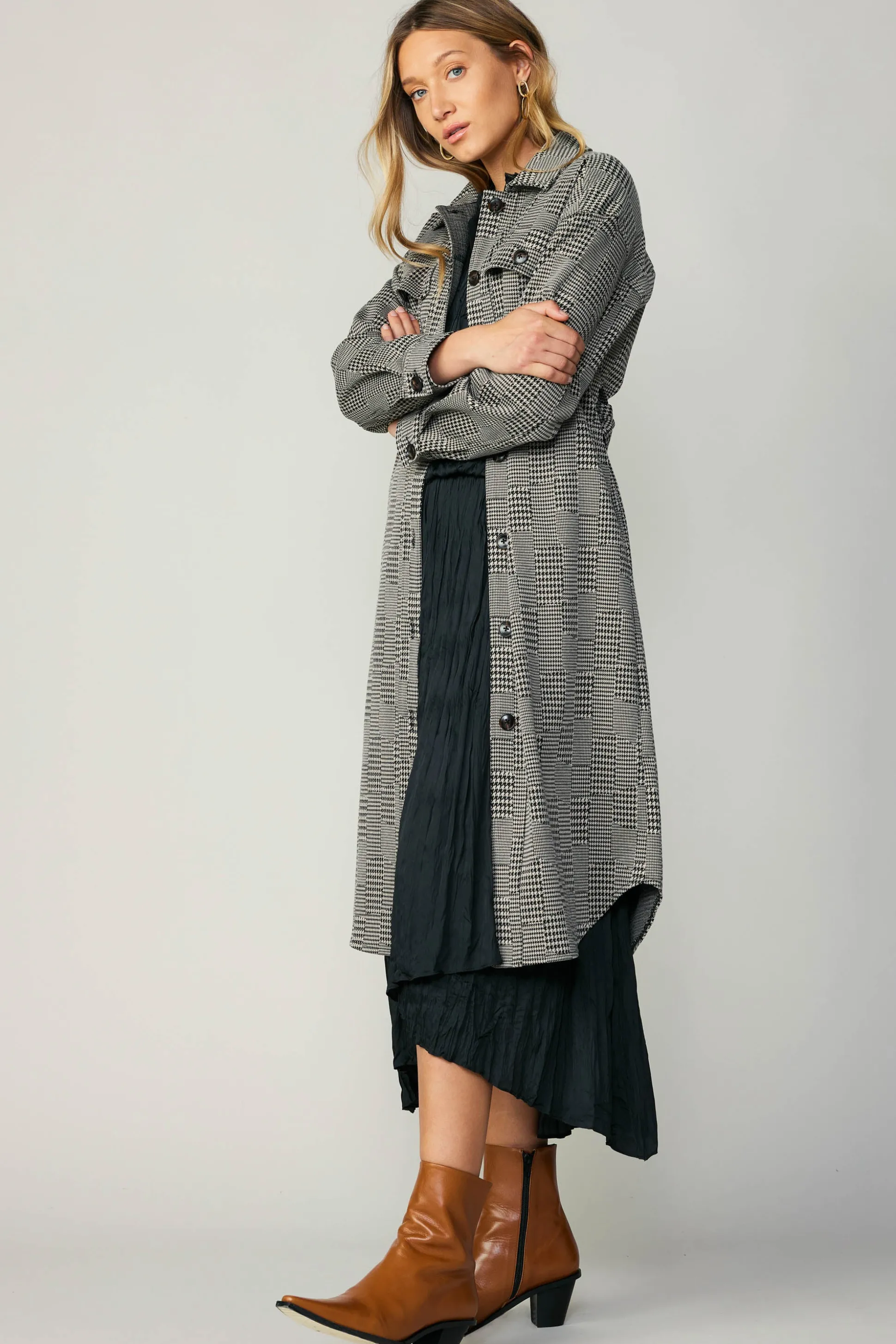 Houndstooth Long Shacket Coat<Current Air New
