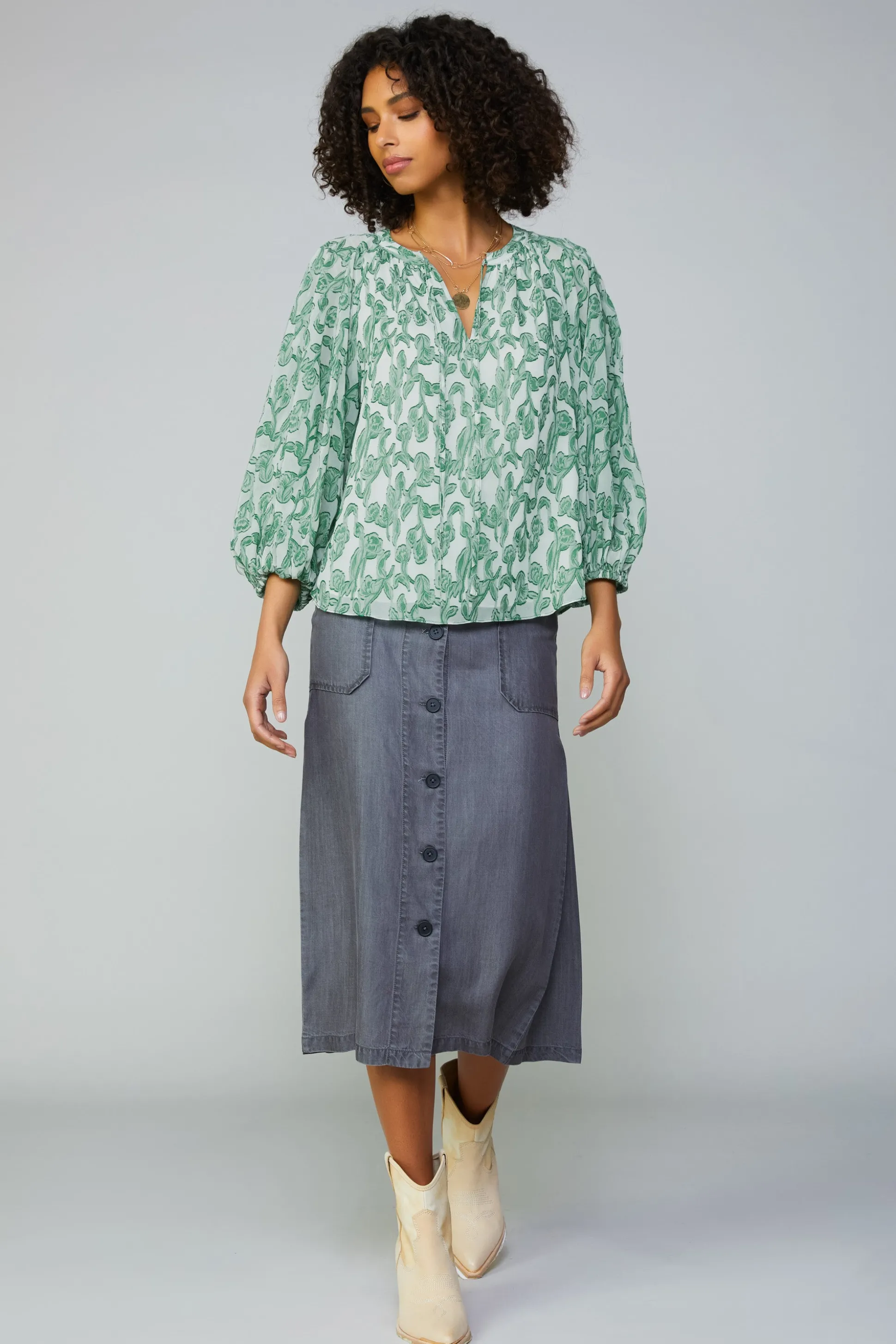 Botanical Jacquard Raglan Blouse<Current Air New