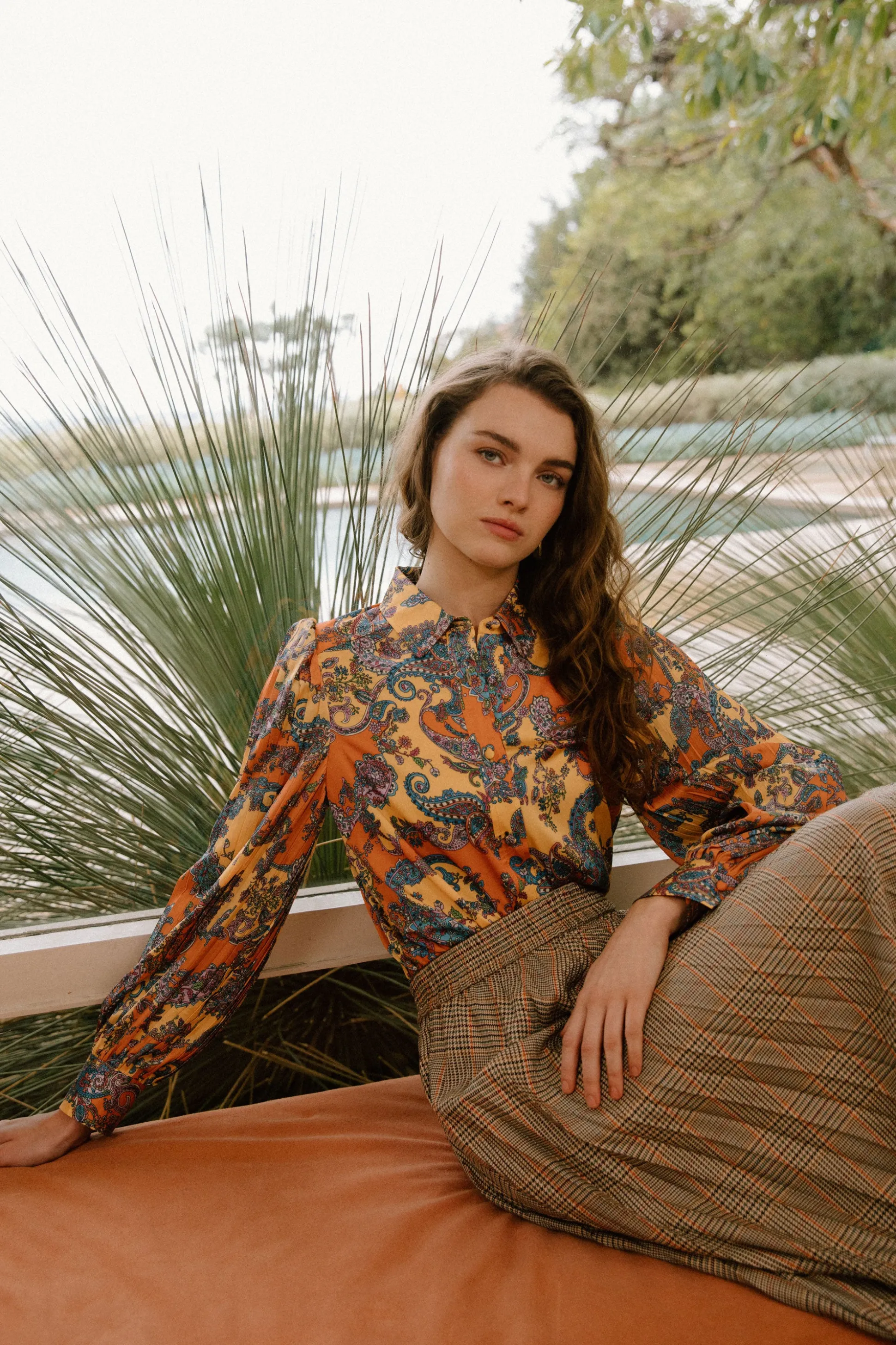 Tonal Paisley Pleated Shirt<Current Air Fashion