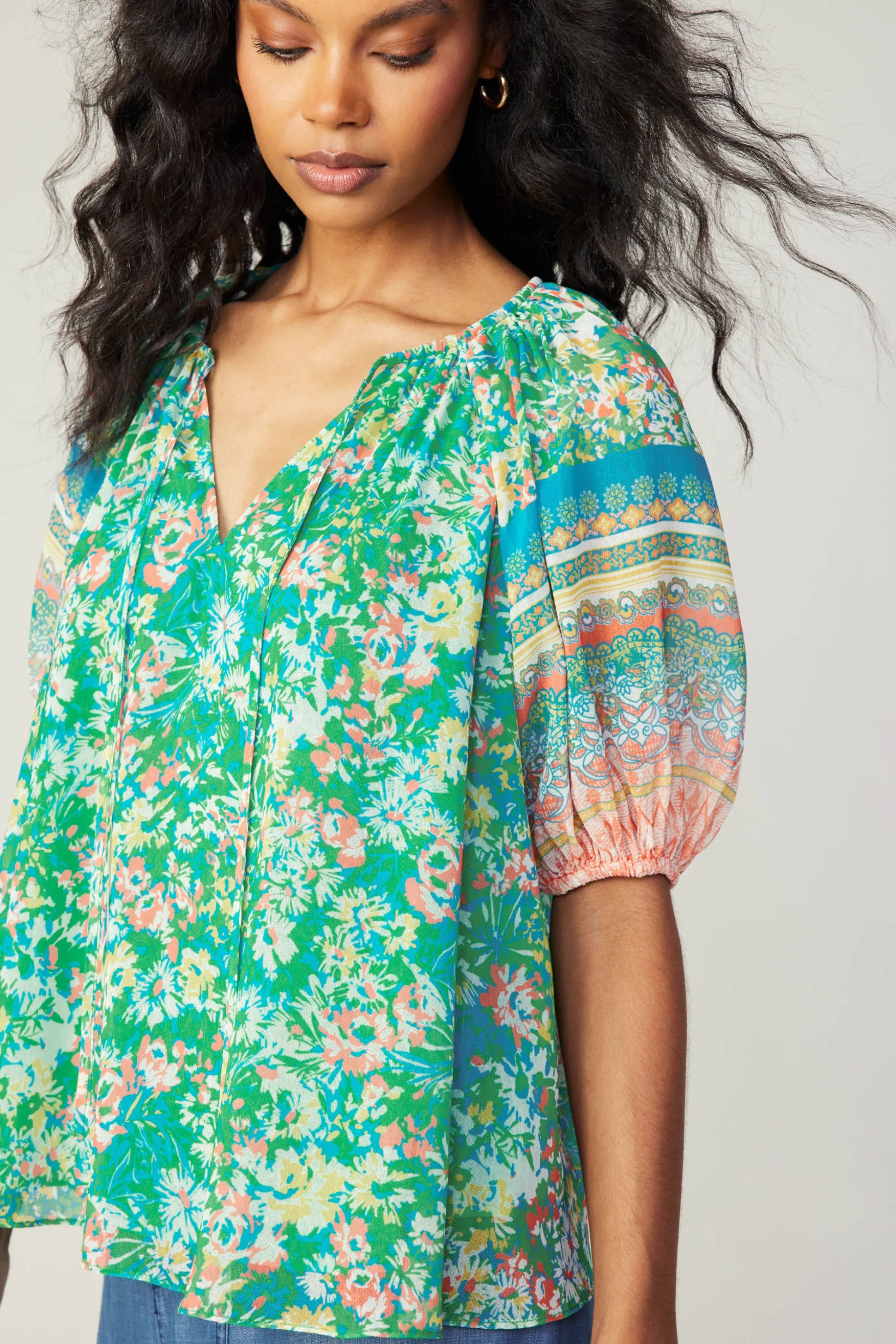 Bordered Floral Print Top<Current Air Discount