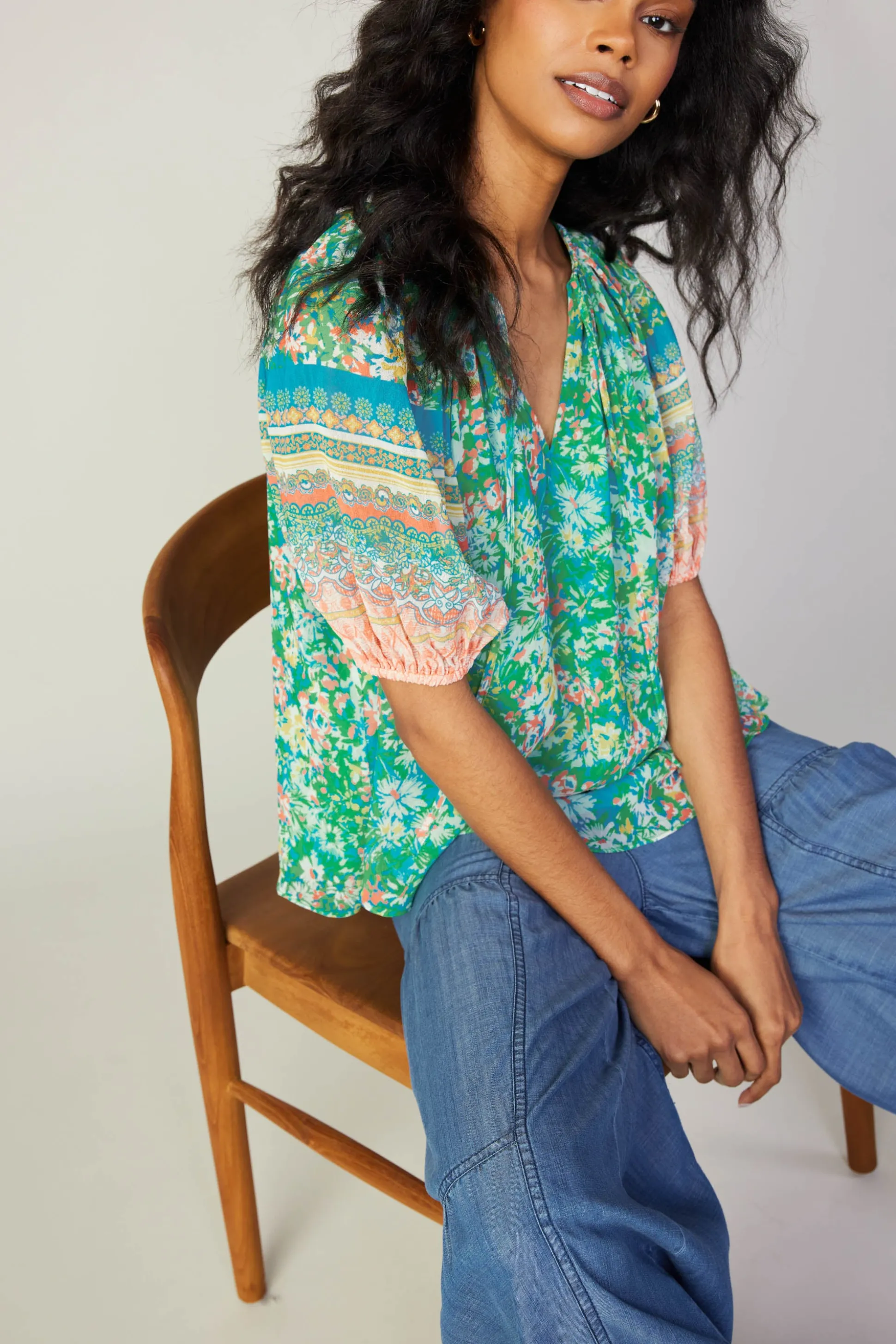 Bordered Floral Print Top<Current Air Discount