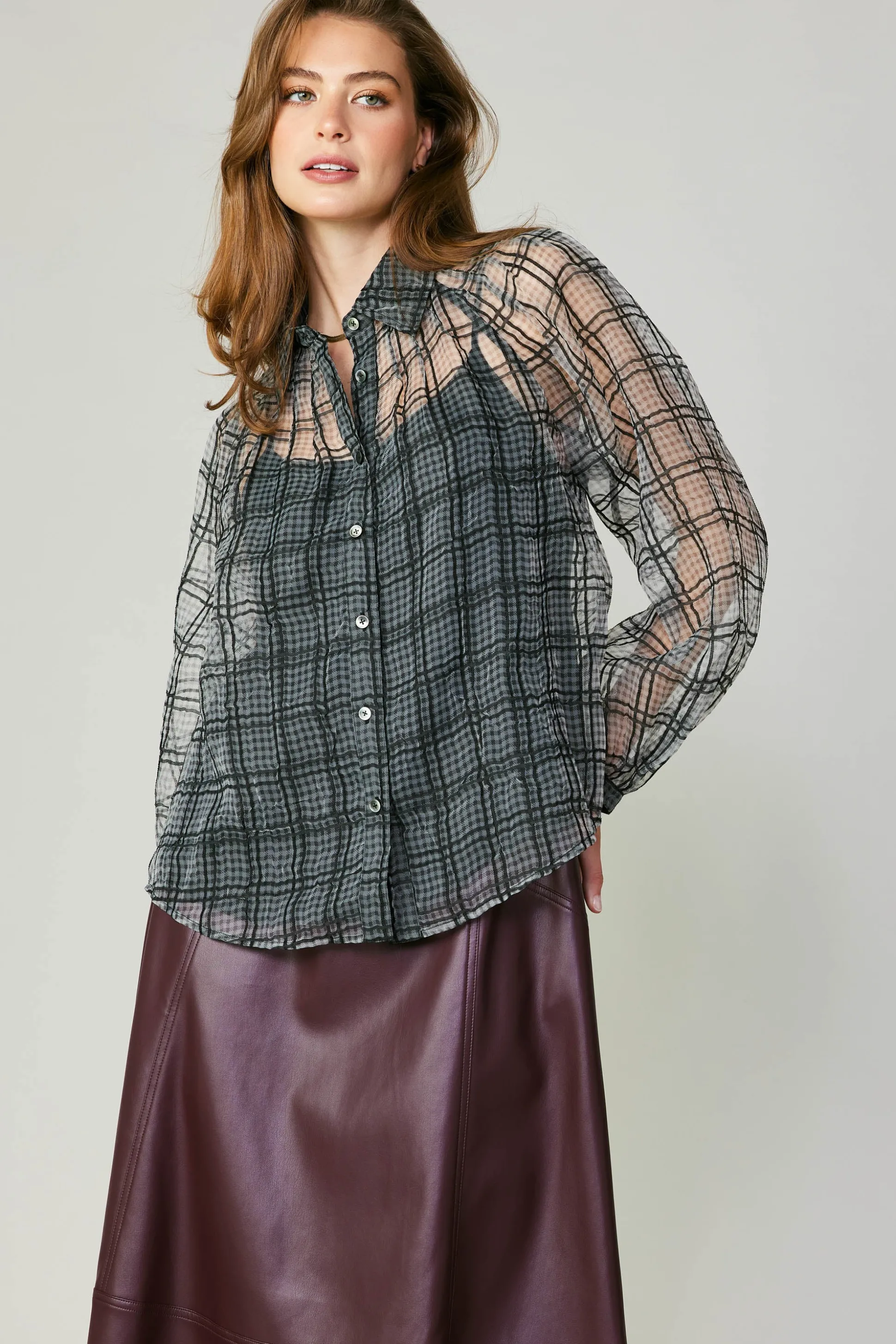 Windowpane Plaid Sheer Blouse<Current Air Best