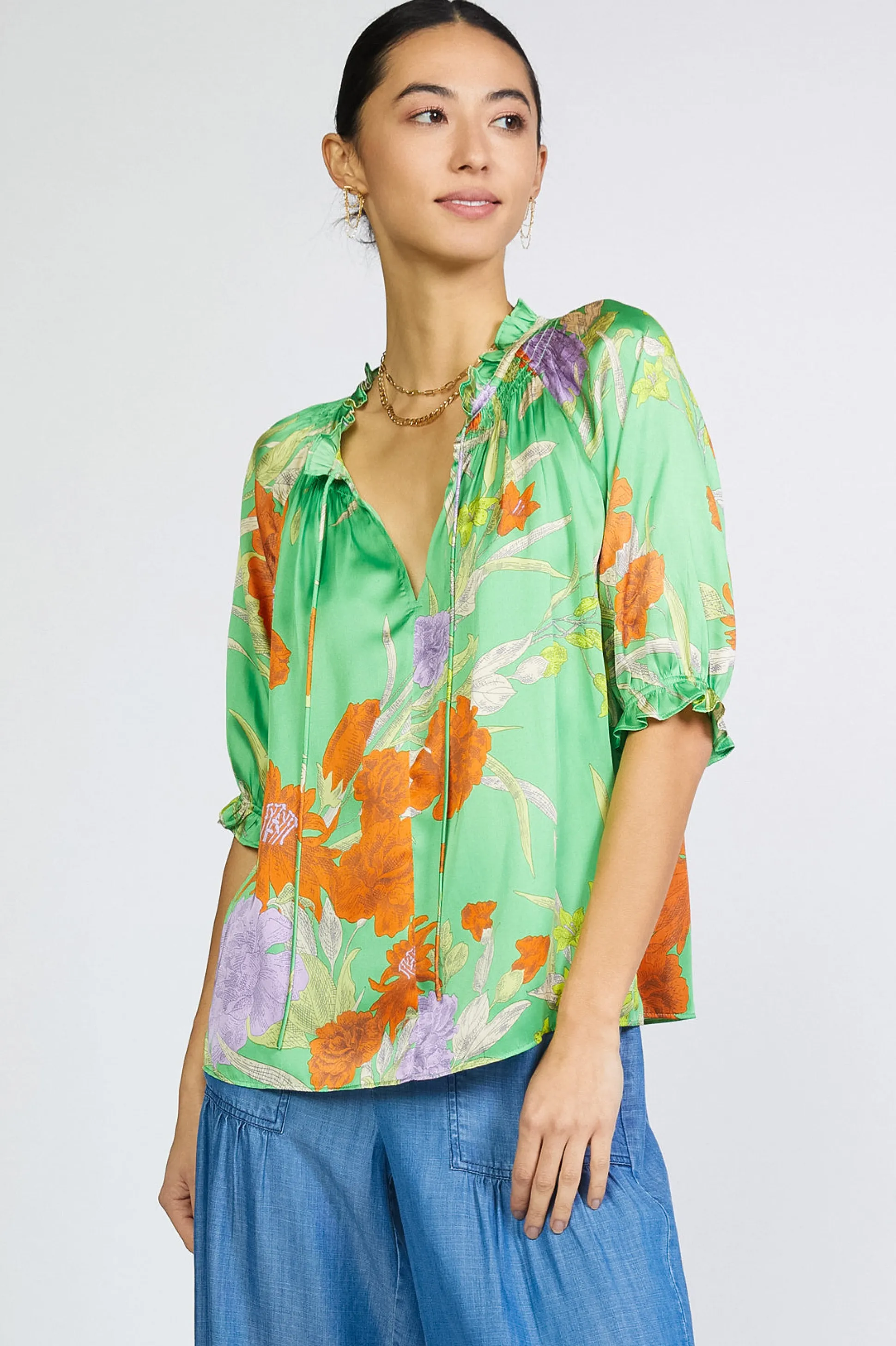 Floral Split Neck Blouse<Current Air Outlet