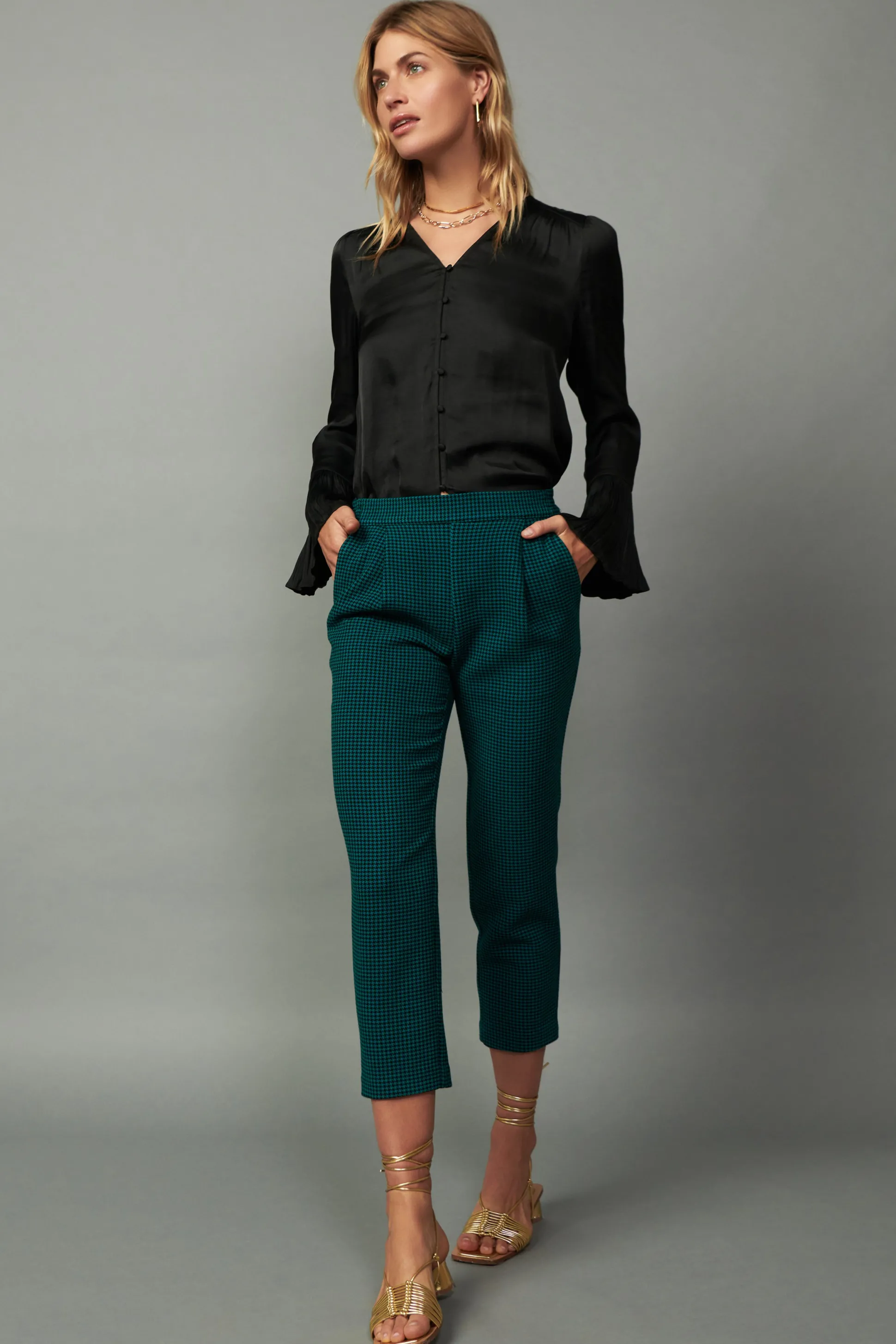 Houndstooth Patterned Straight Pants<Current Air Fashion