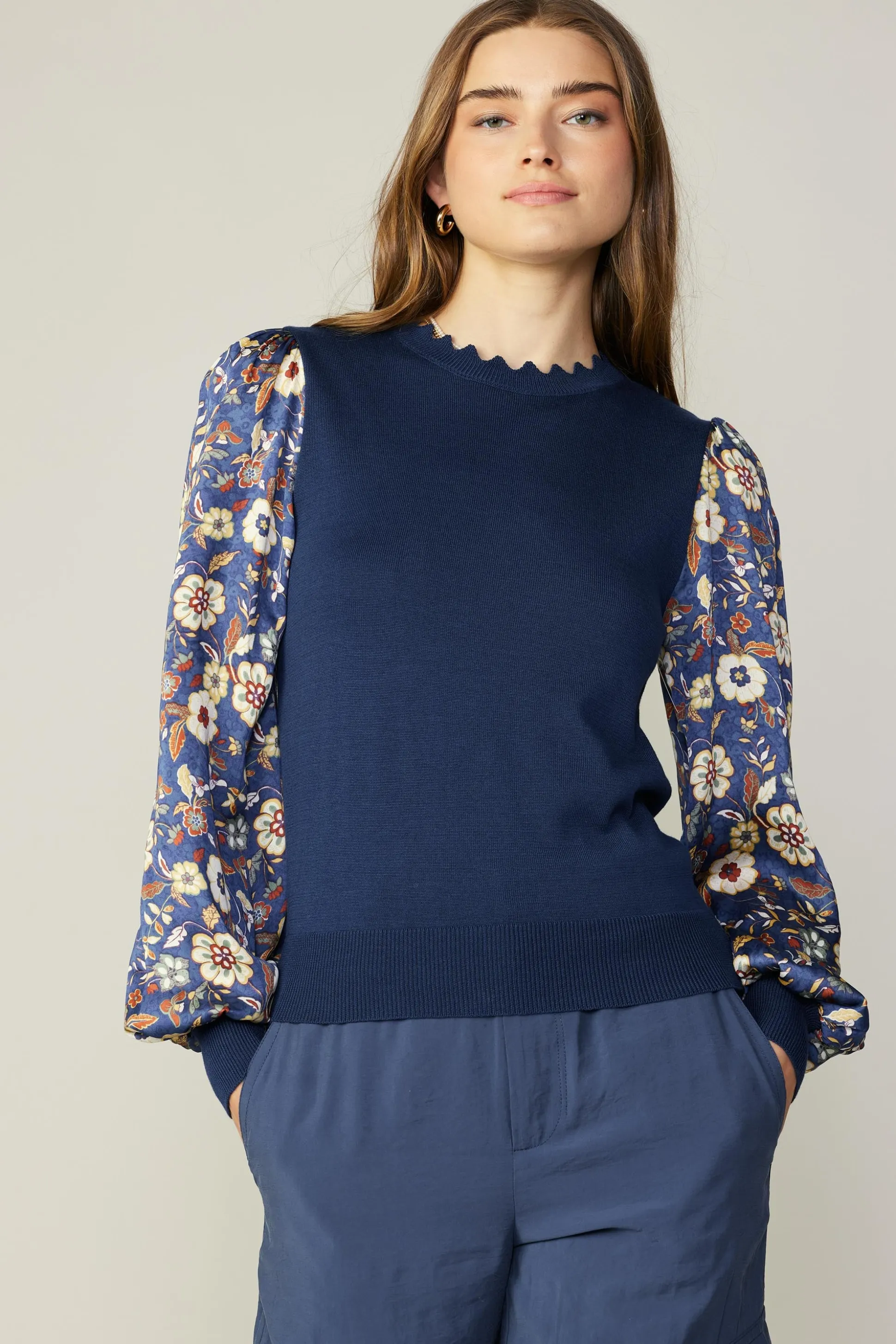 Floral Contrast Sweater Top<Current Air Clearance