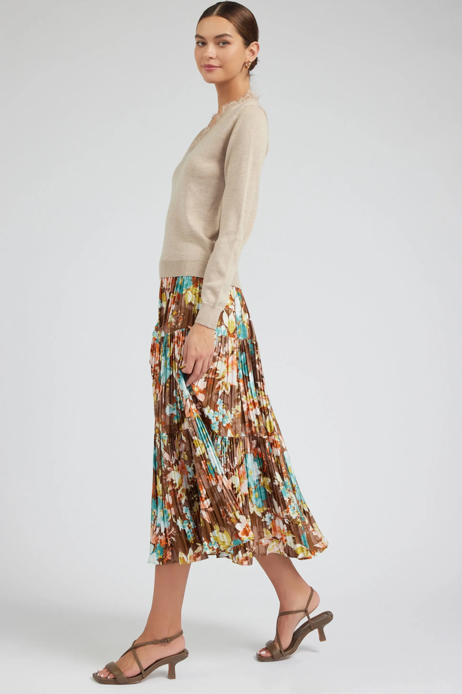 Floral Pleated Midi Skirt<Current Air Best