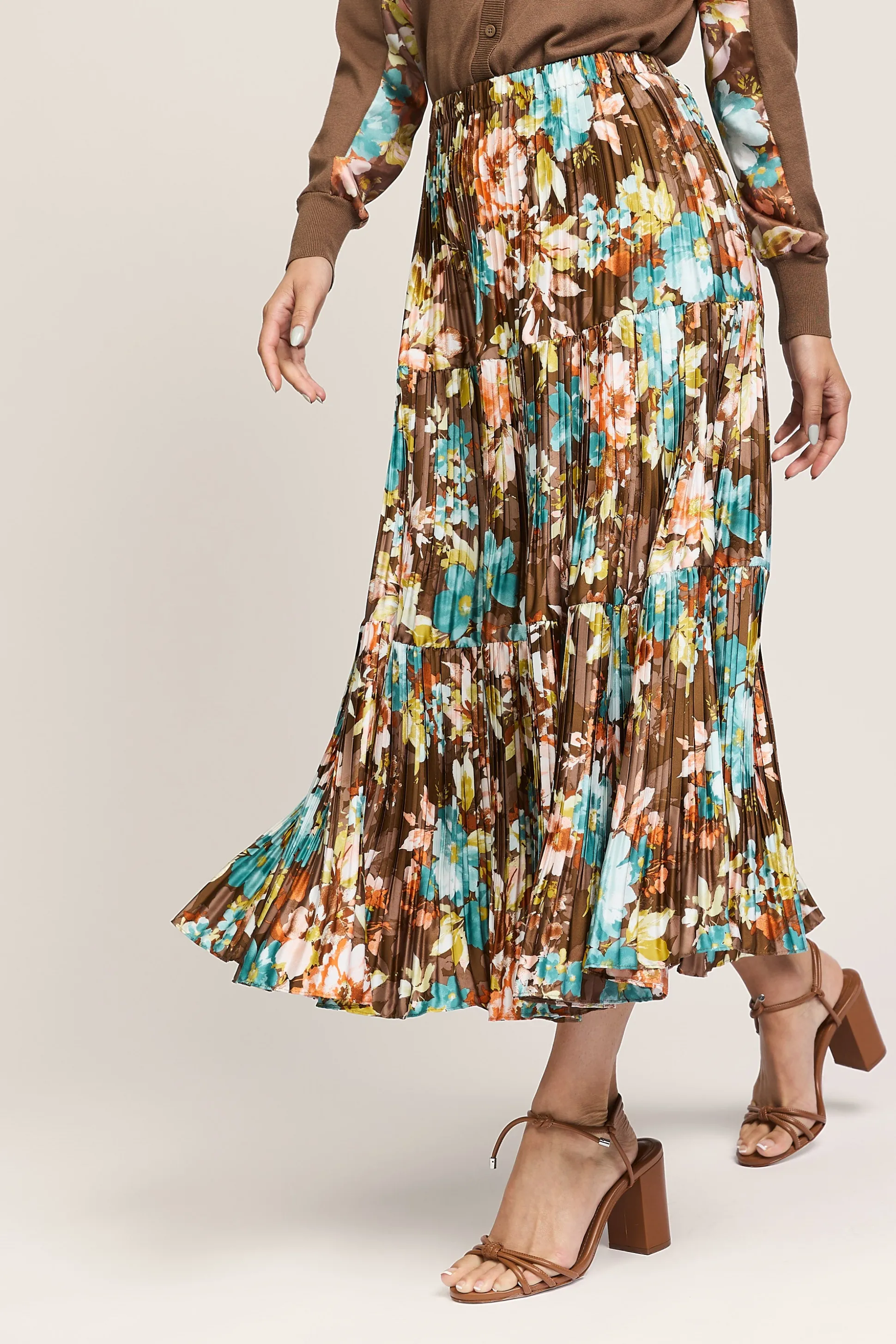Floral Pleated Midi Skirt<Current Air Best