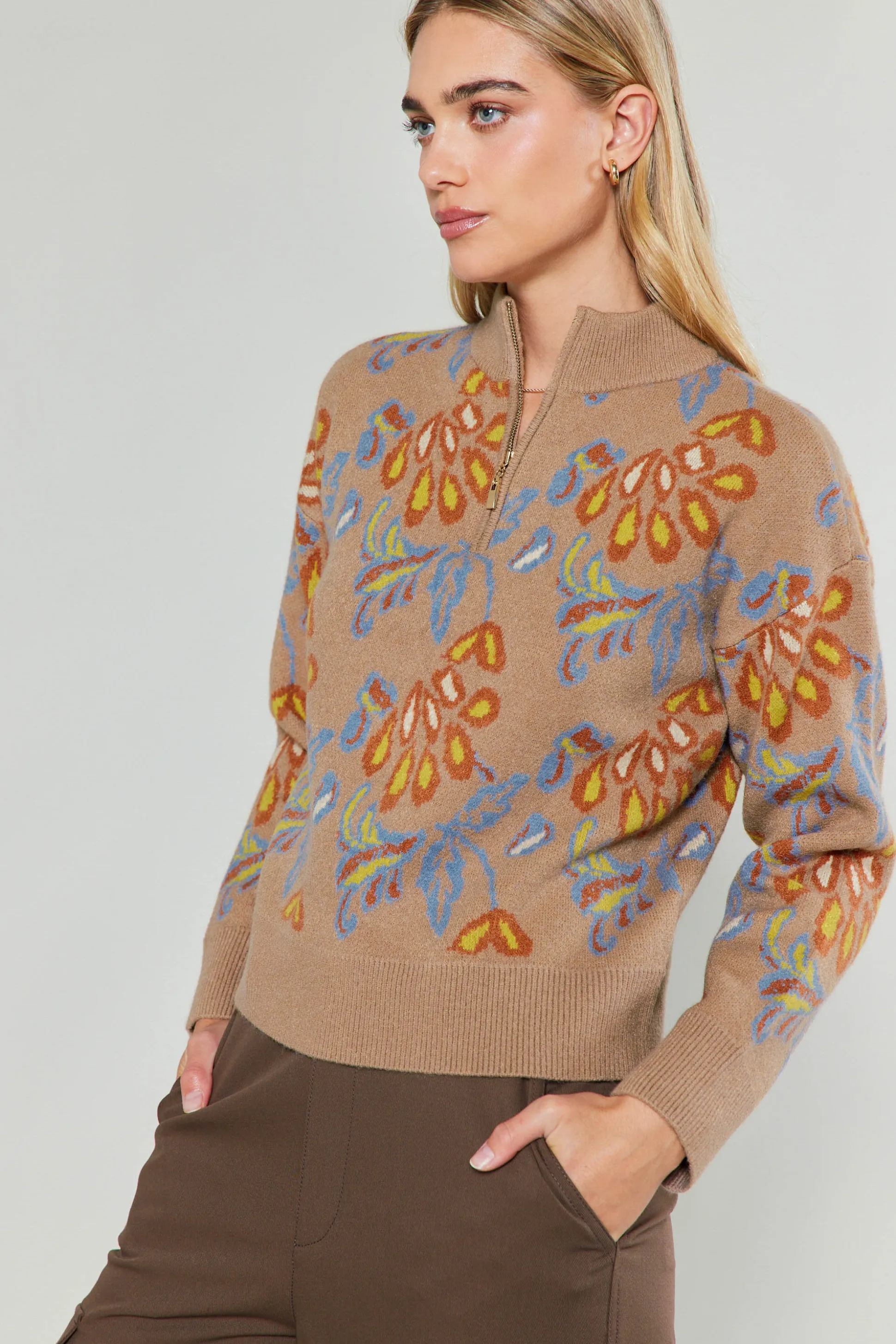 Floral Jacquard Zip Sweater<Current Air Online