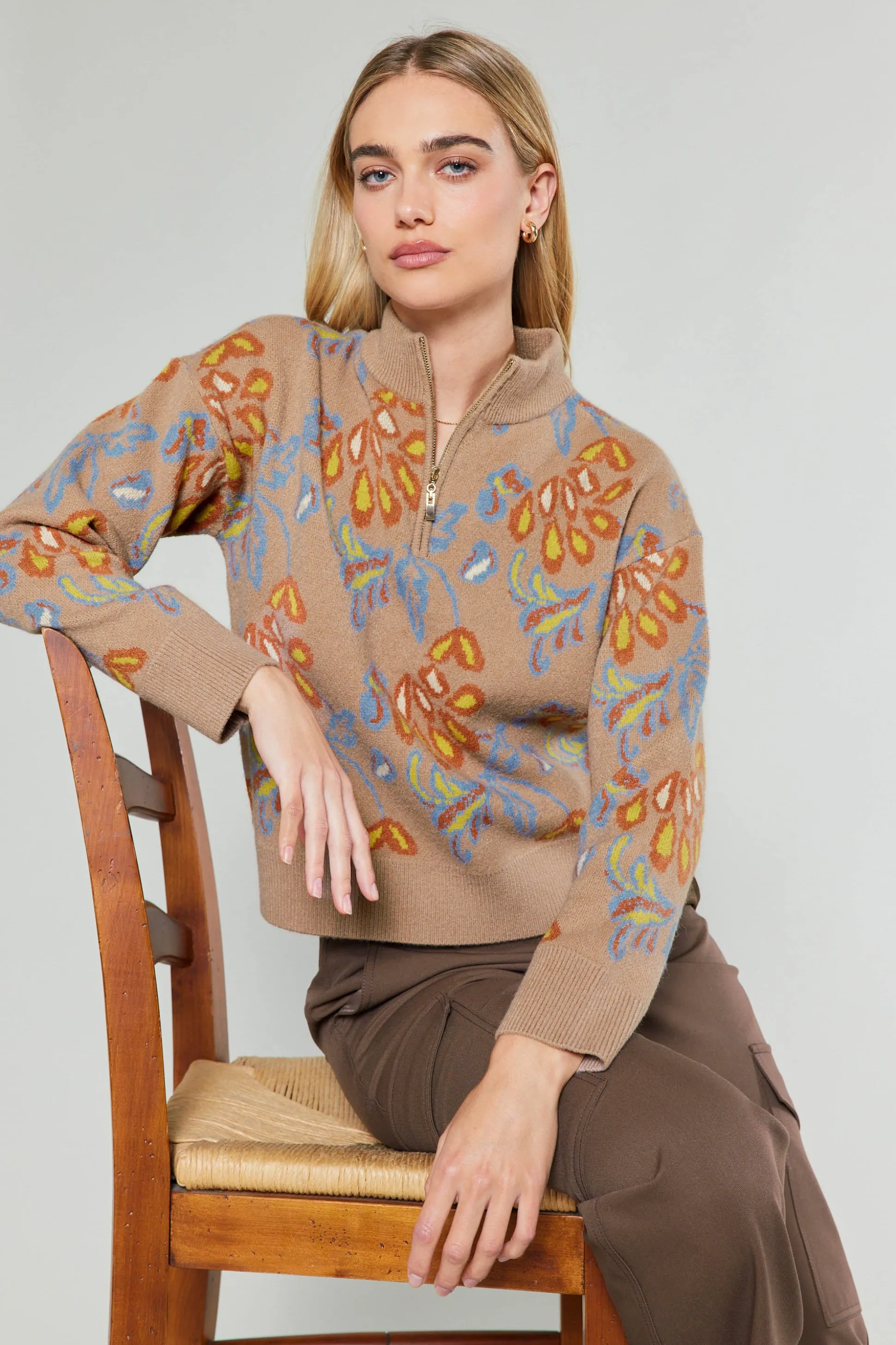 Floral Jacquard Zip Sweater<Current Air Online