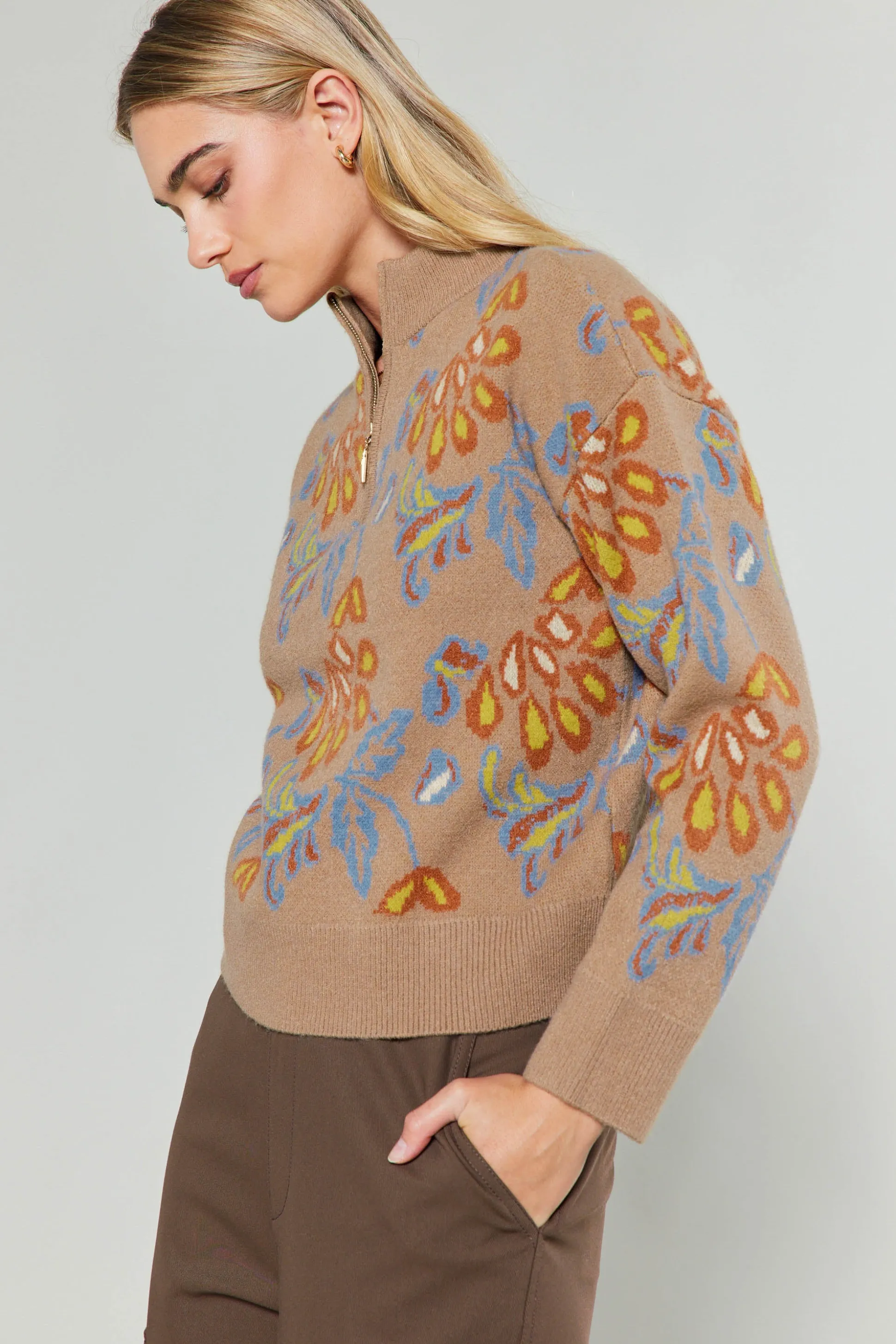 Floral Jacquard Zip Sweater<Current Air Online