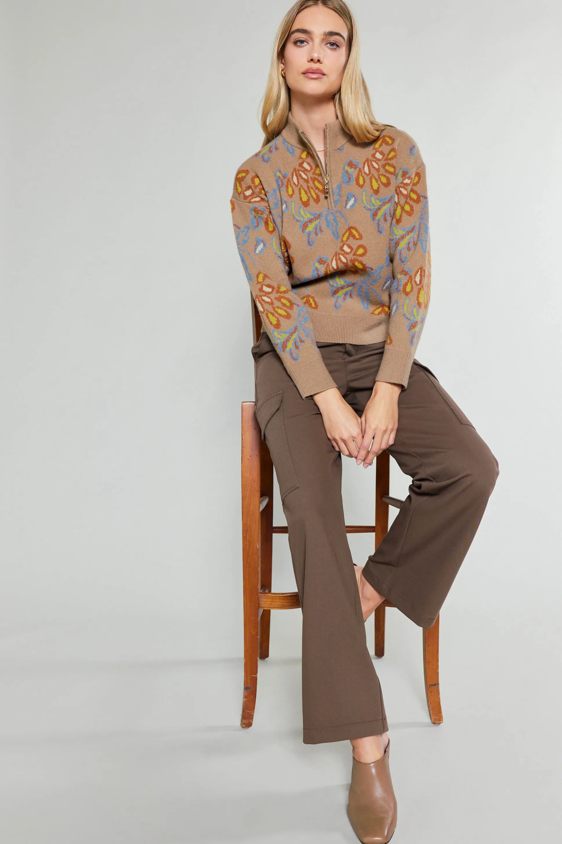 Floral Jacquard Zip Sweater<Current Air Online