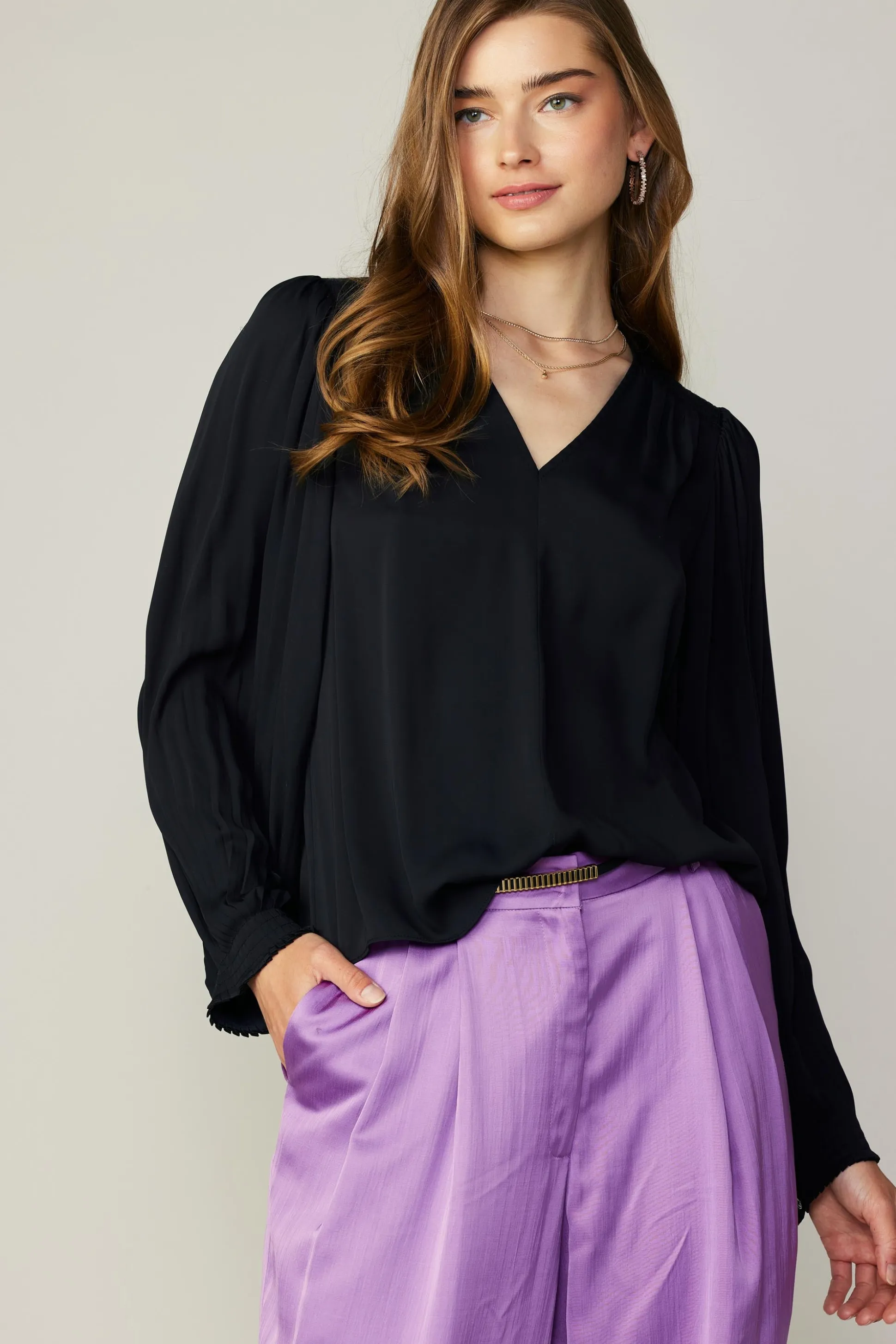 Long Pleated Sleeve Blouse<Current Air Fashion