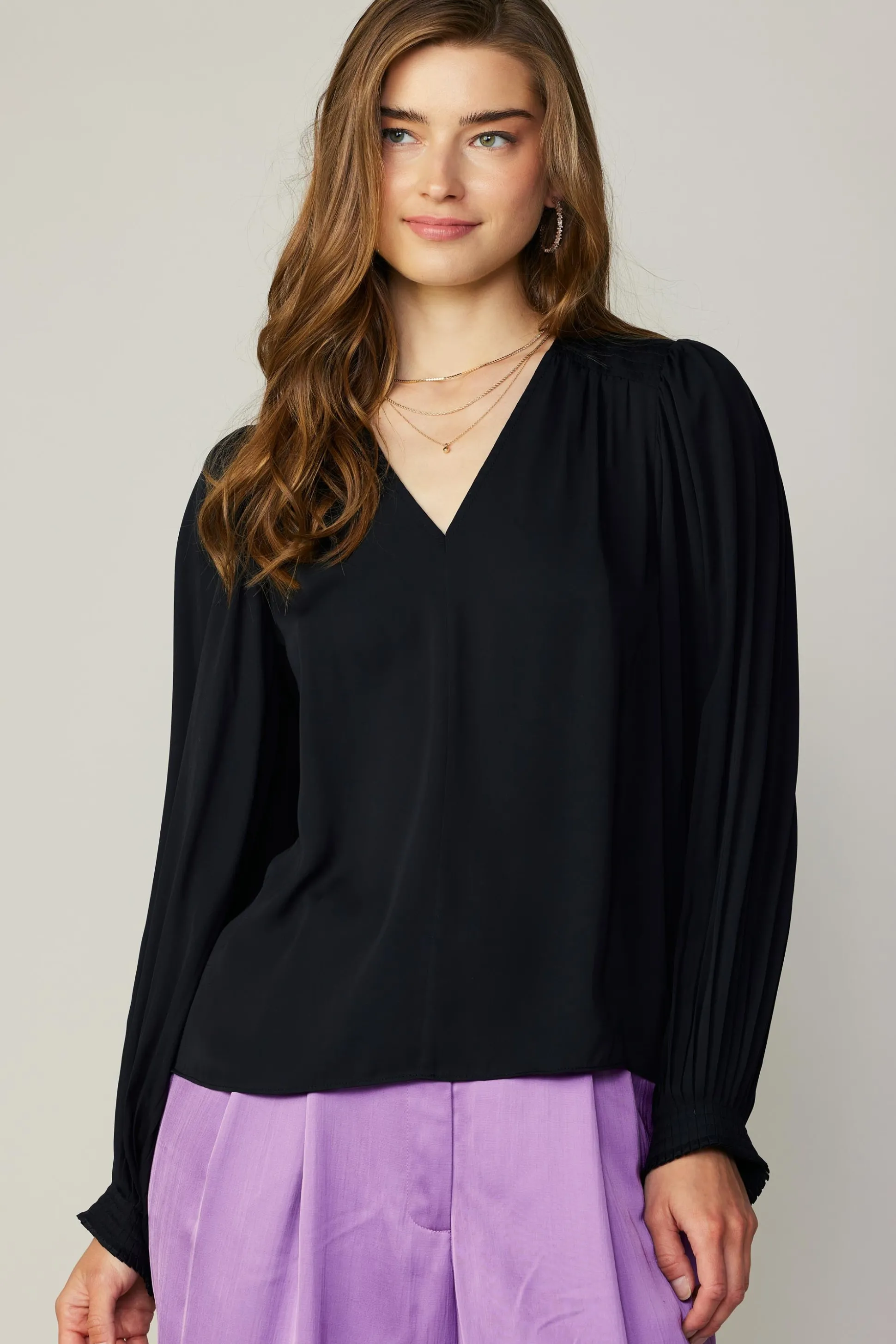 Long Pleated Sleeve Blouse<Current Air Fashion