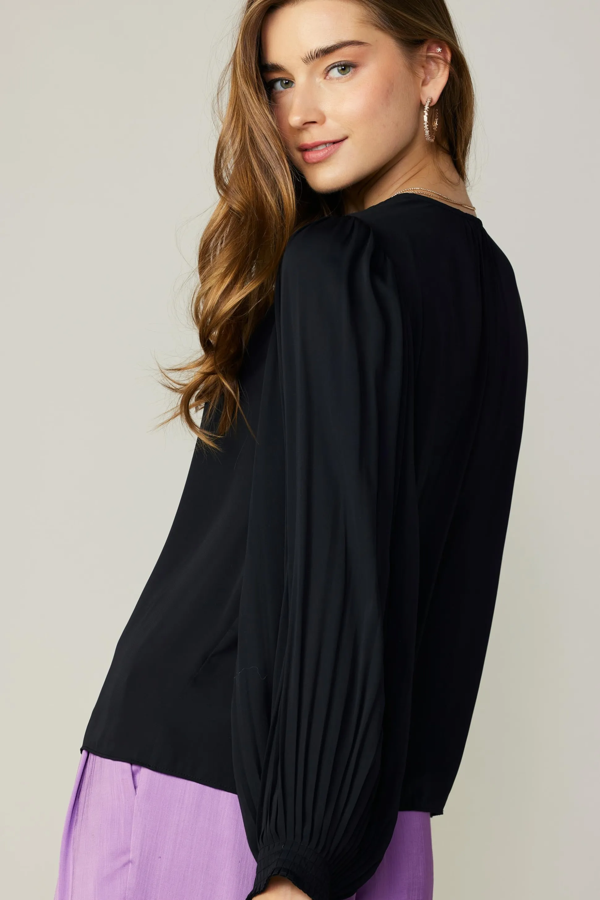 Long Pleated Sleeve Blouse<Current Air Fashion