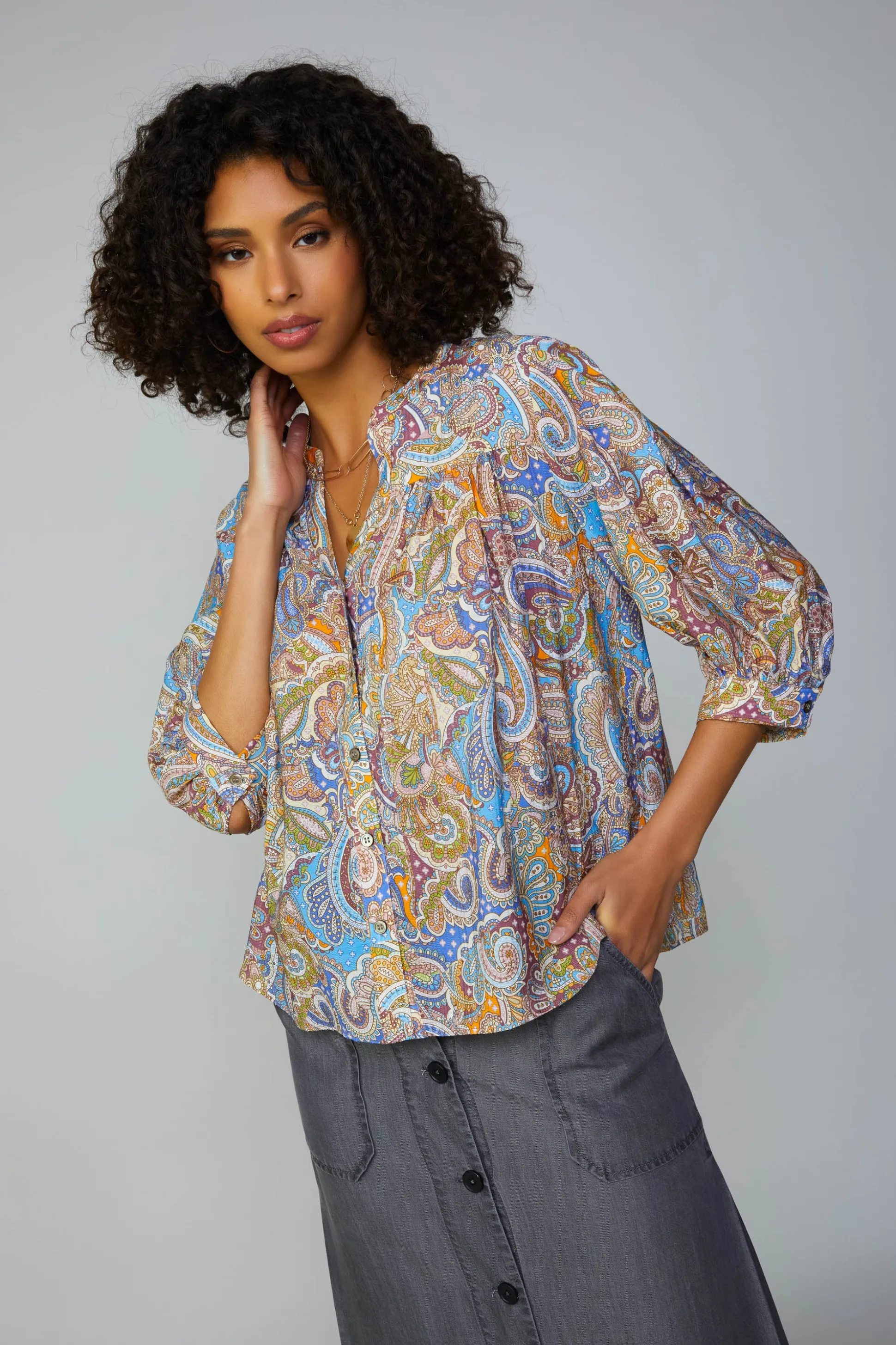 Paisley Motif Button Blouse<Current Air Online
