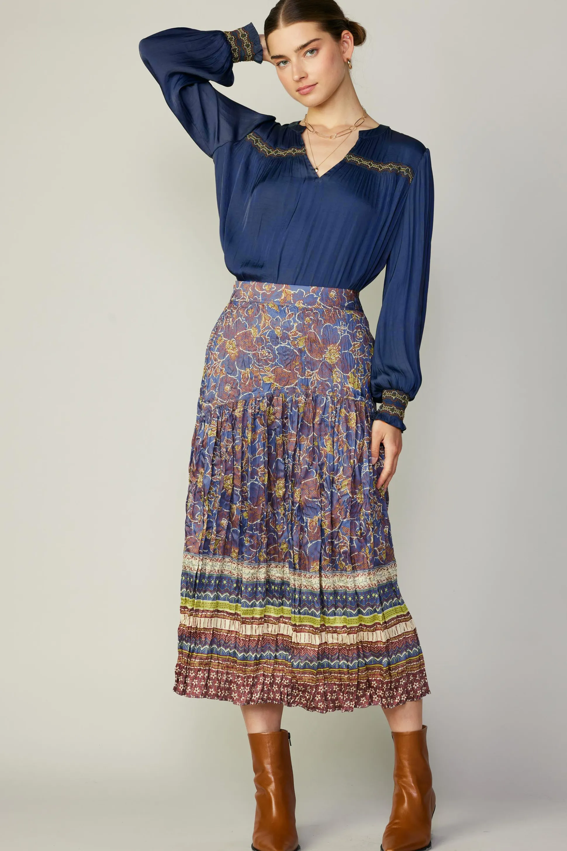 Floral Border Print Midi Skirt<Current Air Online