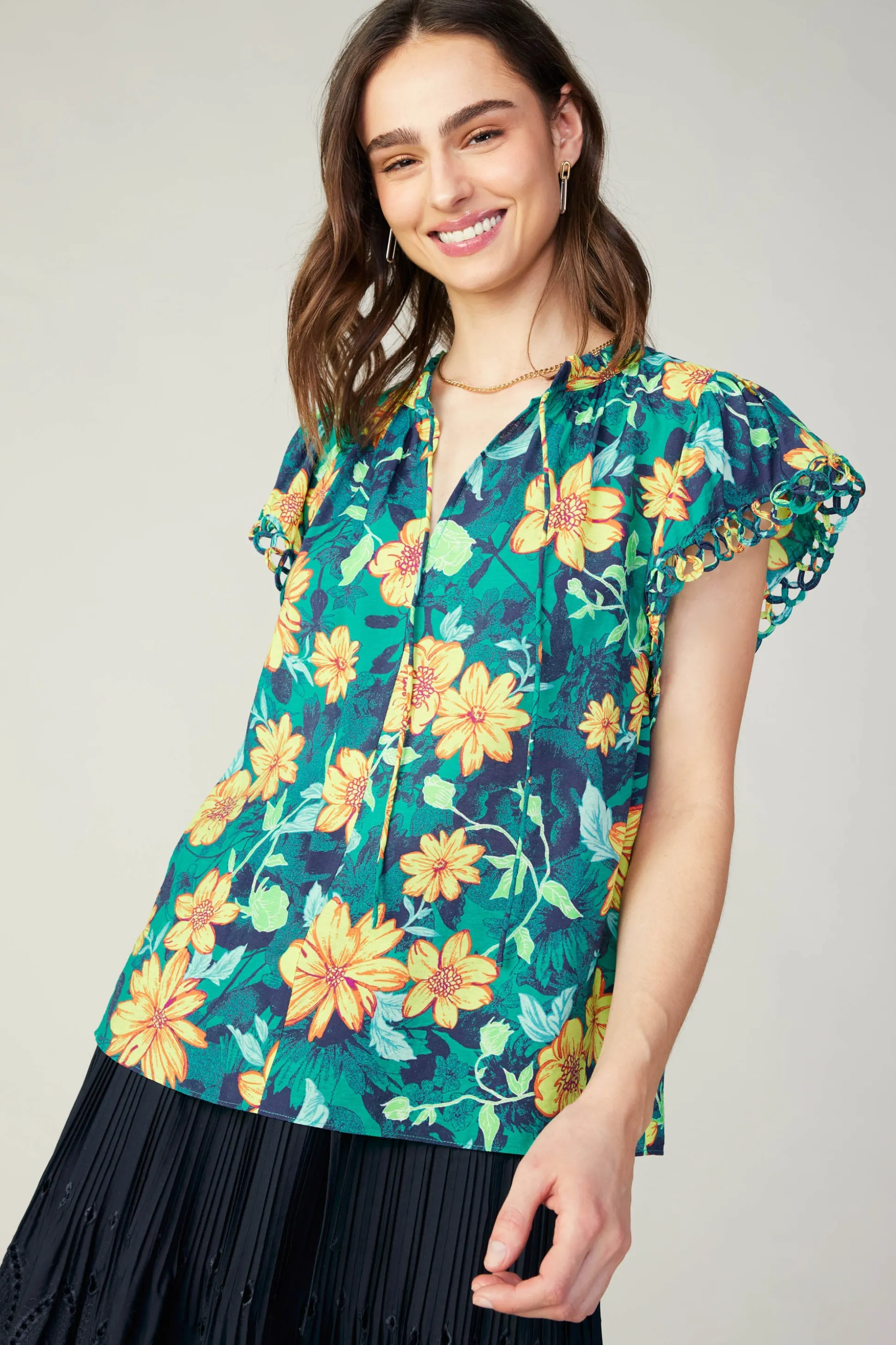 Botanical Print Eyelet Blouse<Current Air Hot