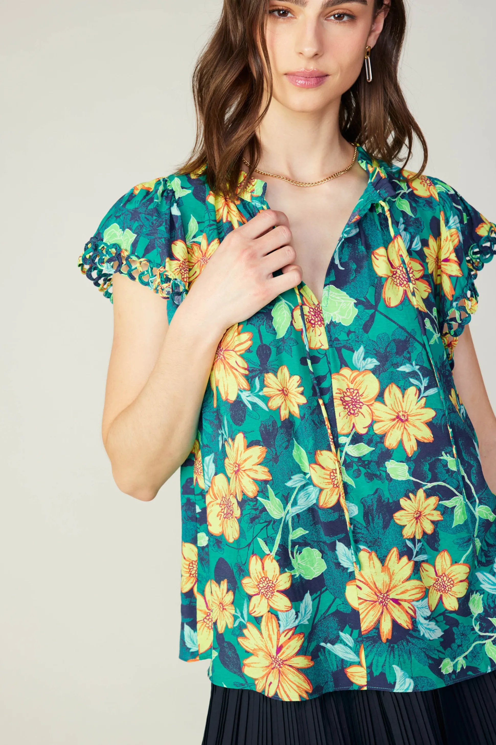 Botanical Print Eyelet Blouse<Current Air Hot