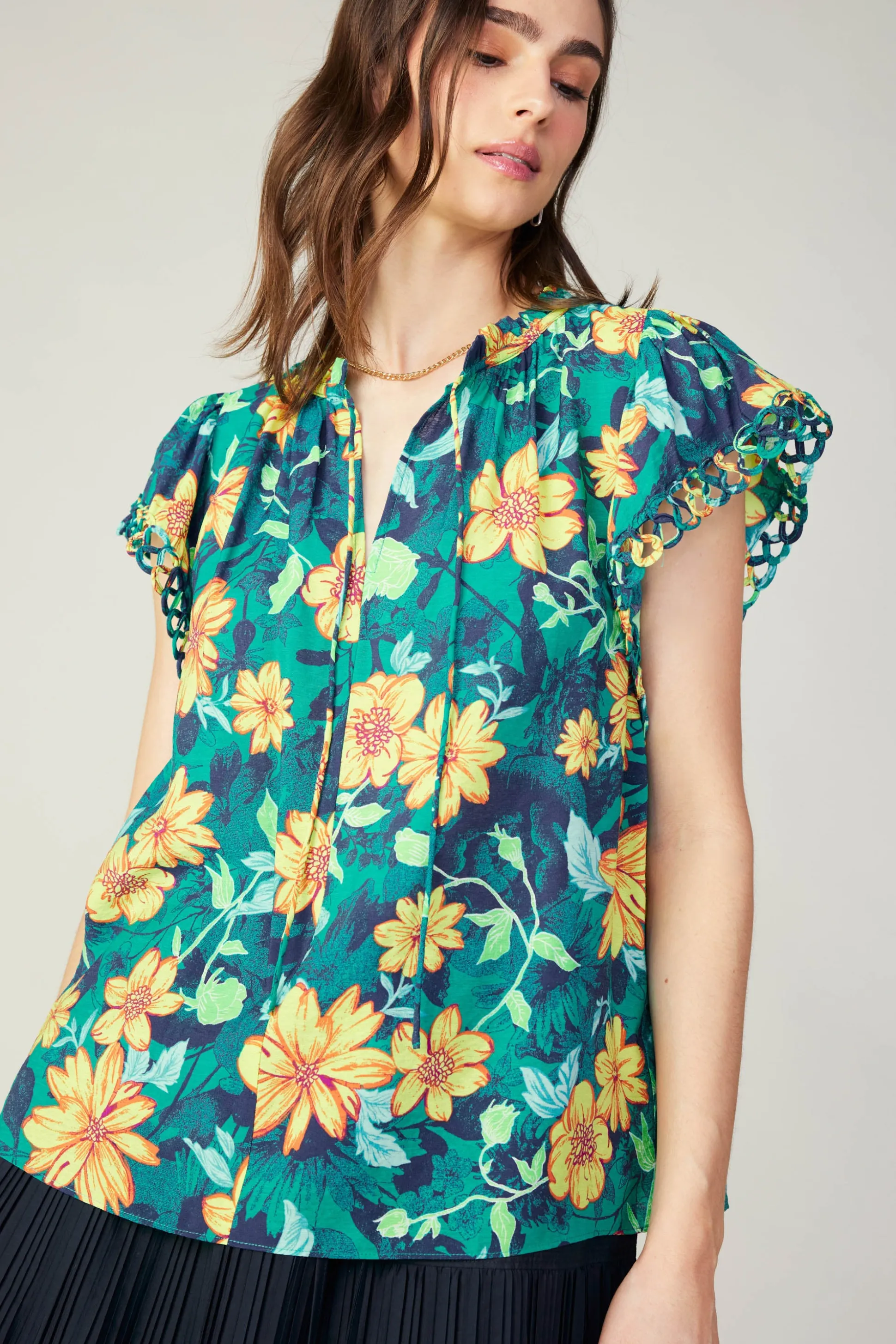 Botanical Print Eyelet Blouse<Current Air Hot