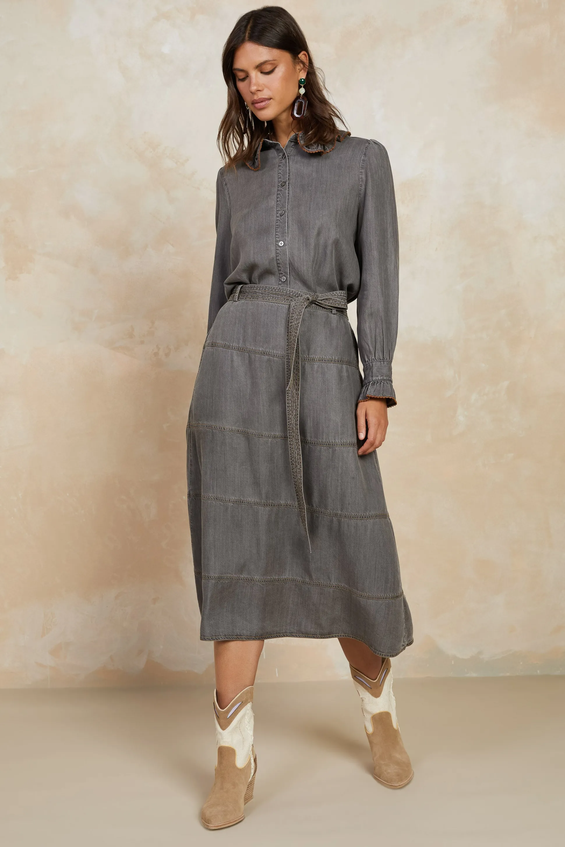 Belted Chambray Midi Skirt<Current Air Online