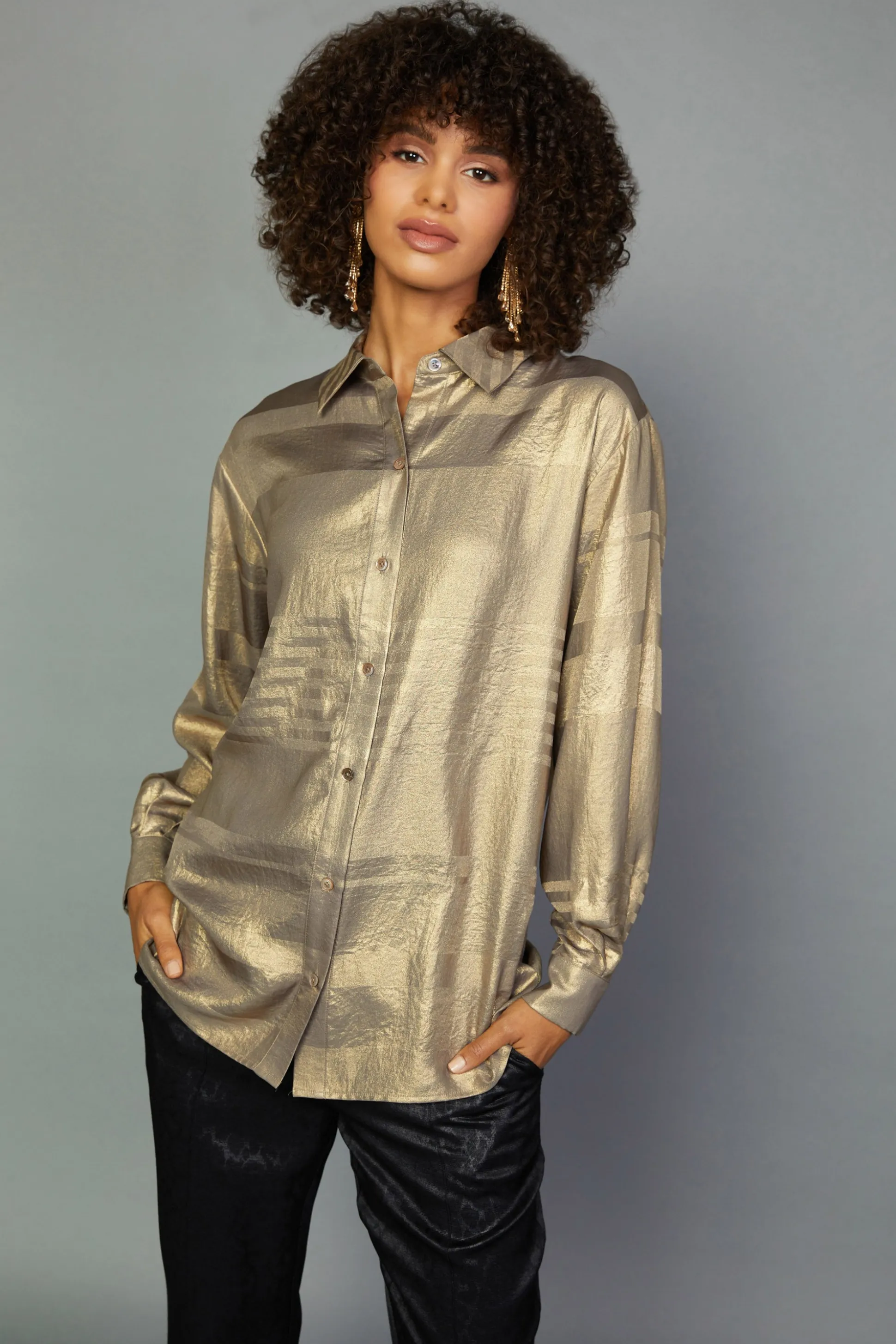 Metallic Button Down Top<Current Air Fashion