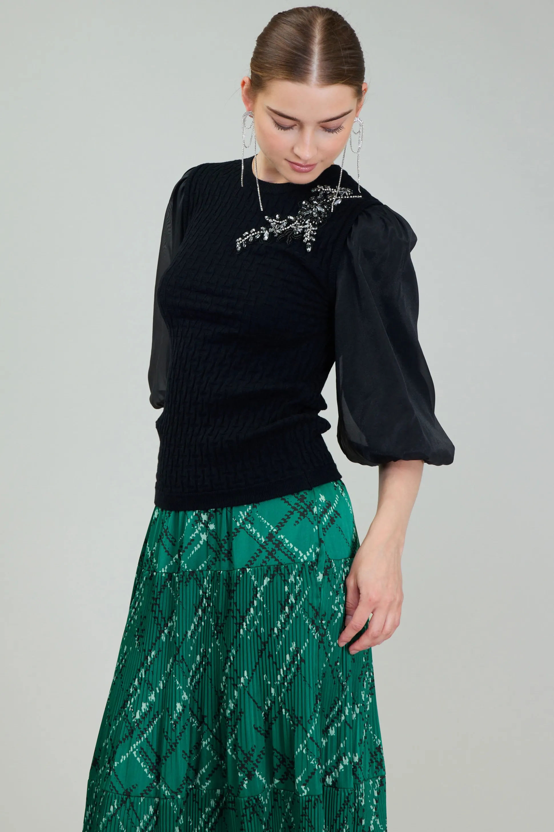 Contrast Sleeve Knit Blouse<Current Air Clearance