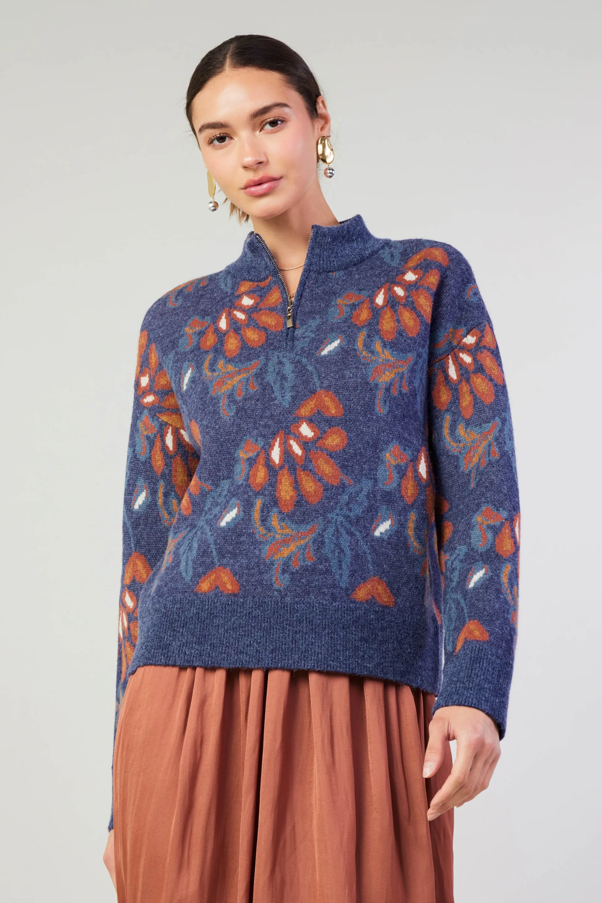 Floral Jacquard Zip Sweater<Current Air Best
