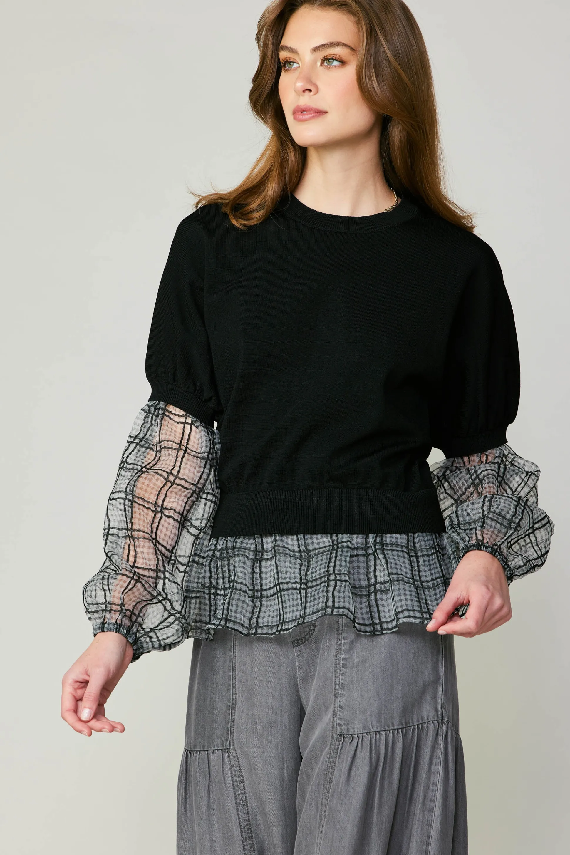 Windowpane Plaid Sweater Top<Current Air Sale