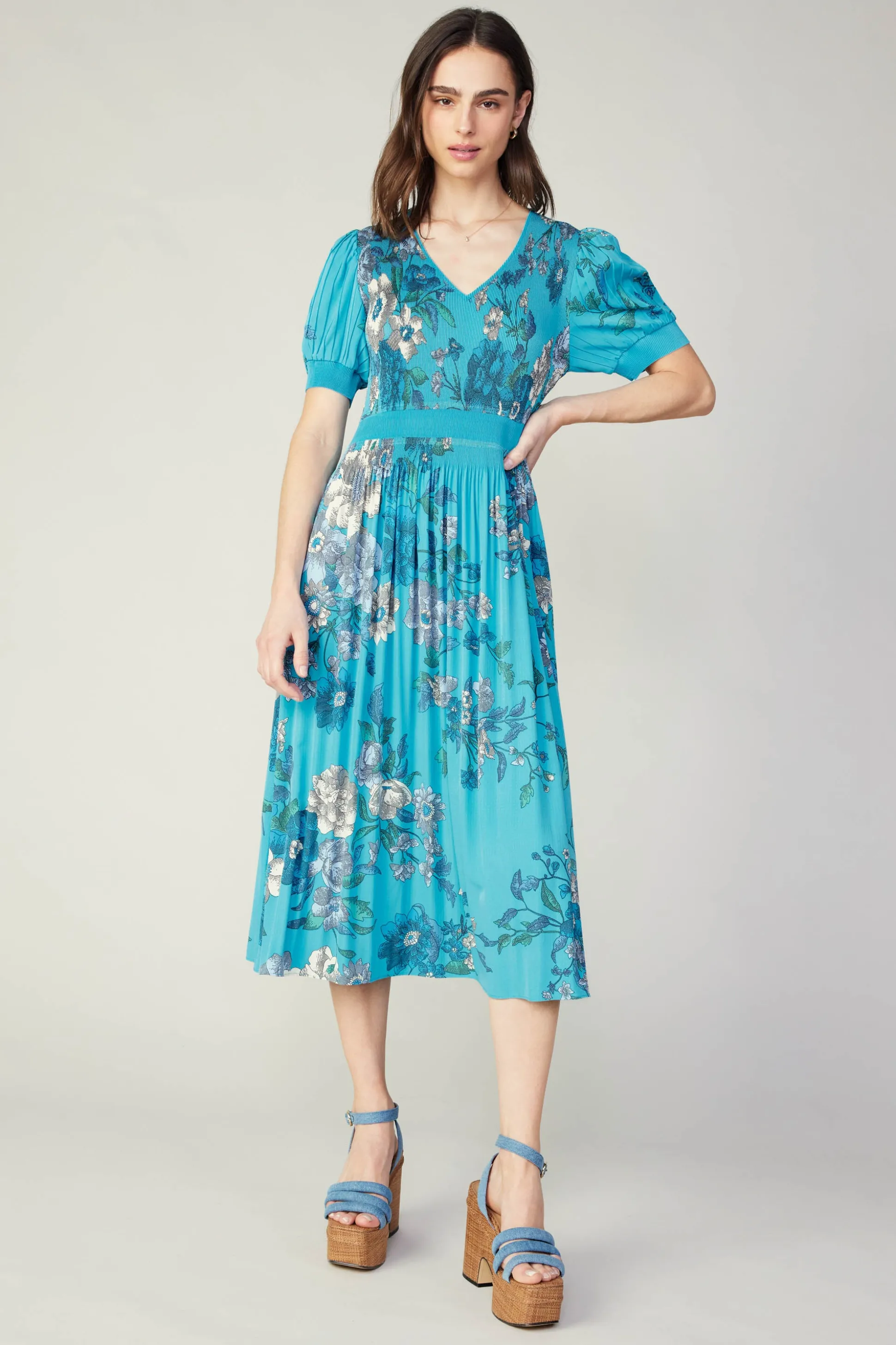 Pleated Botanical Midi Dress<Current Air New