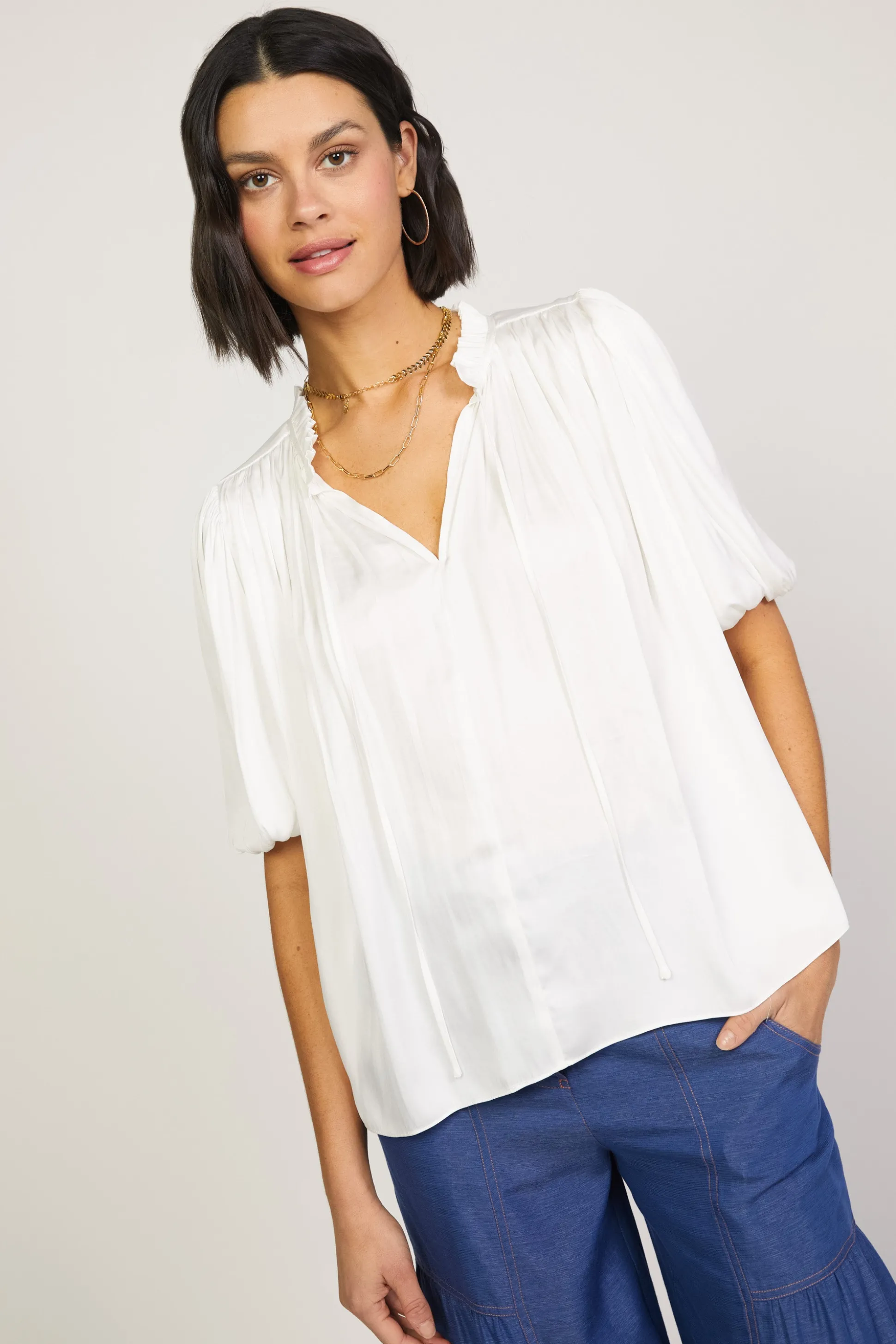 Pleated Puff Sleeve Blouse<Current Air Best