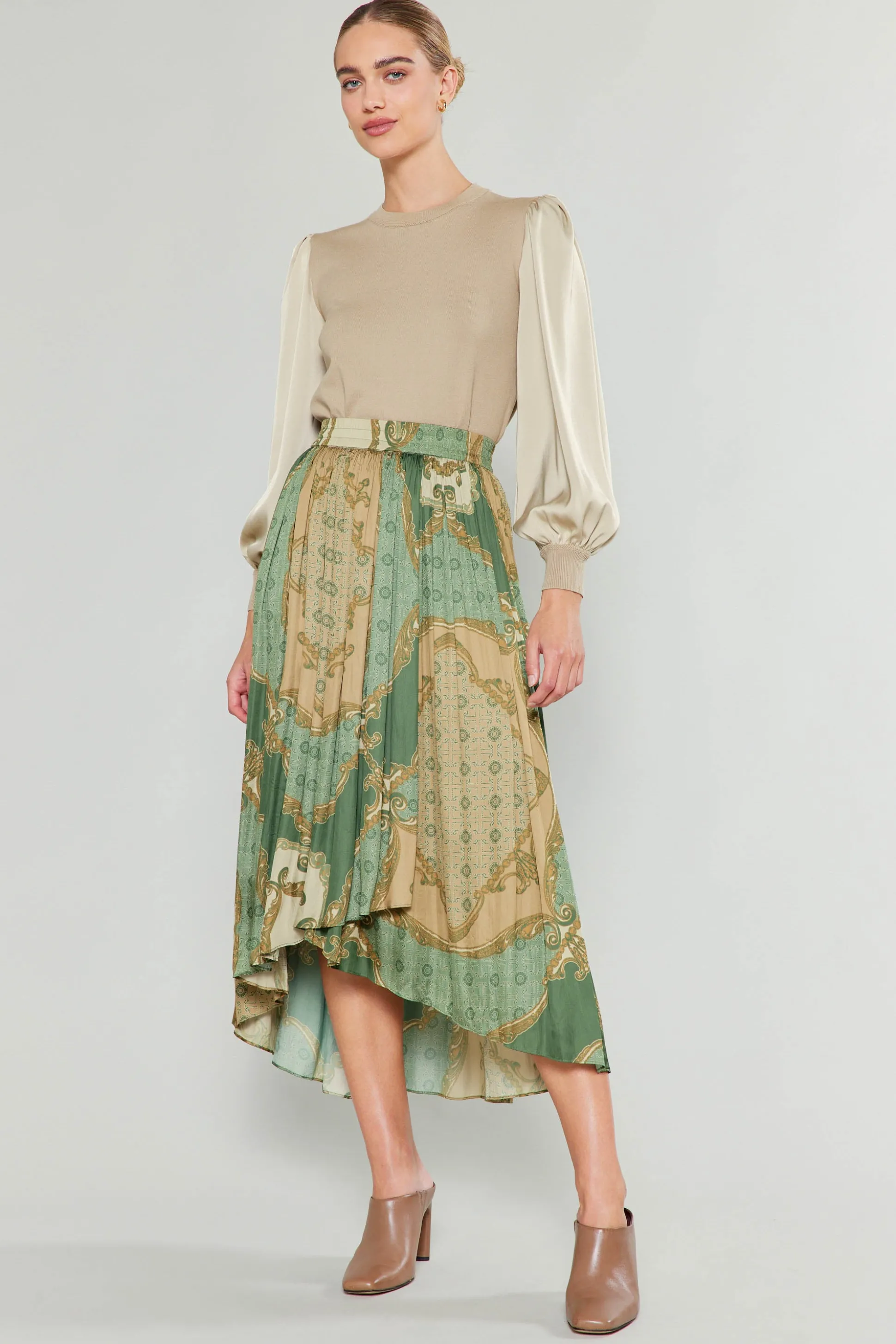 Asymmetrical Vintage Print Skirt<Current Air Outlet