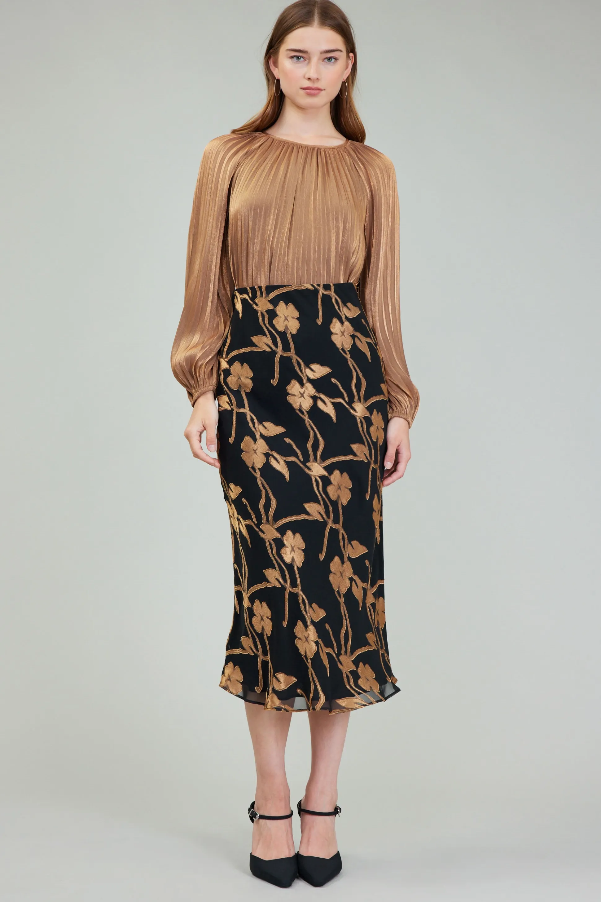 Gold Floral Midi Skirt<Current Air New