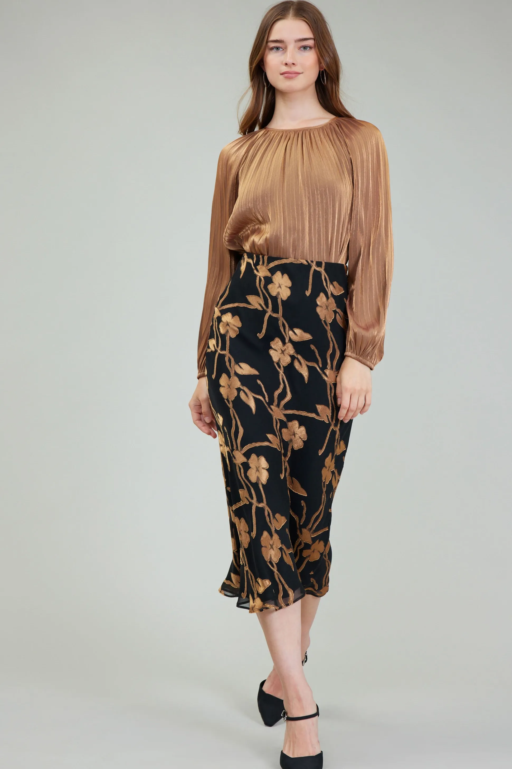 Gold Floral Midi Skirt<Current Air New