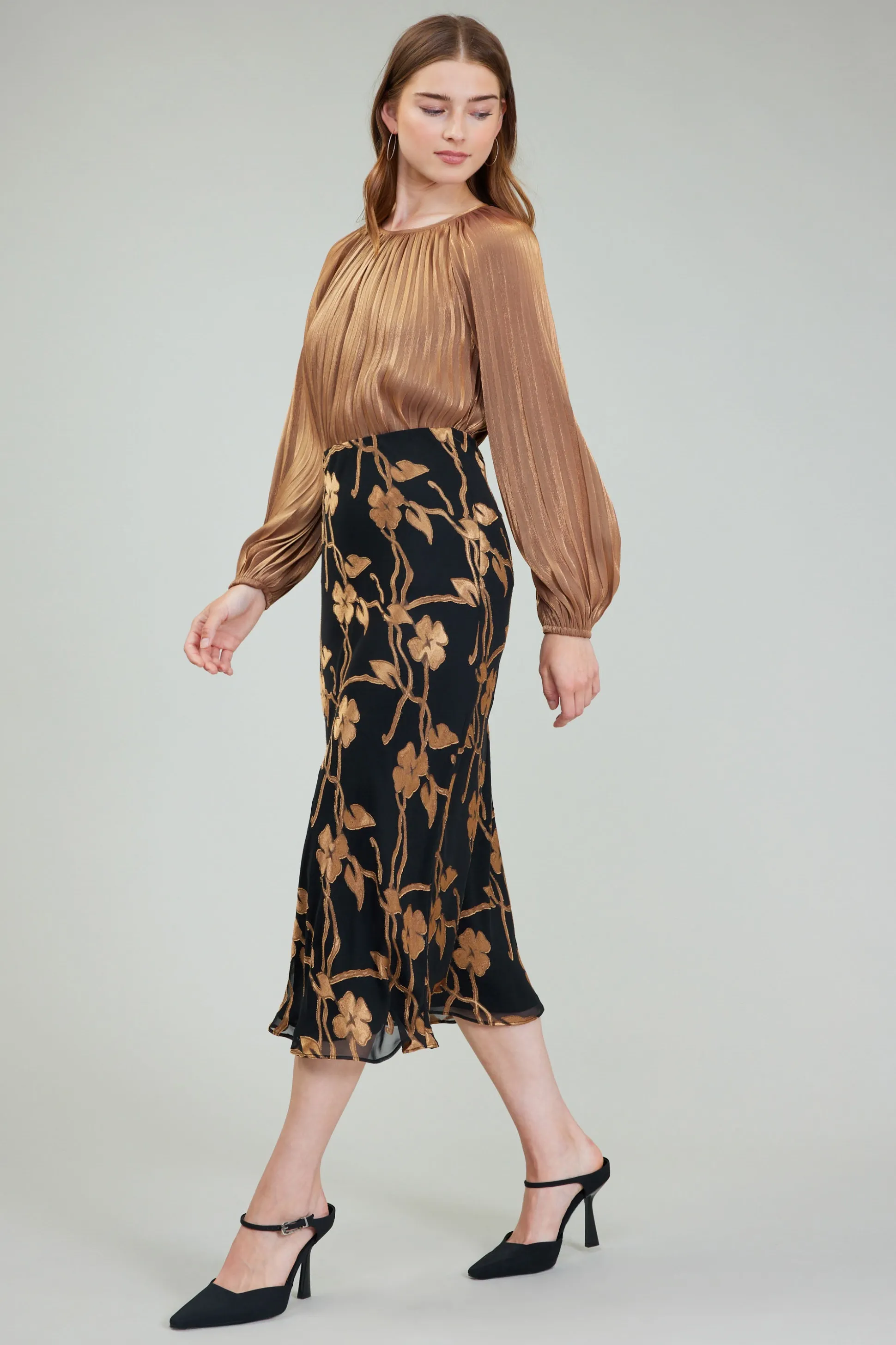 Gold Floral Midi Skirt<Current Air New