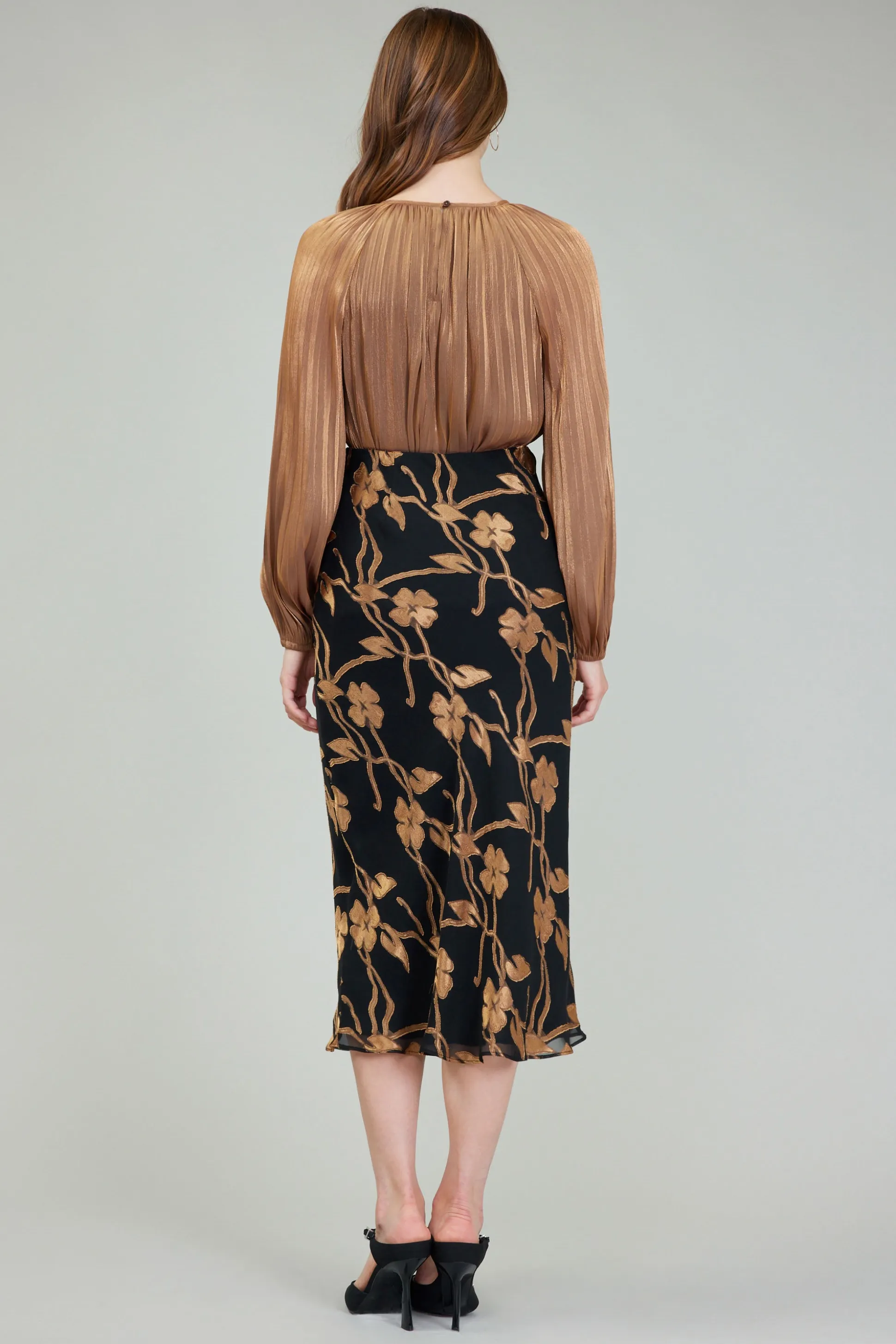 Gold Floral Midi Skirt<Current Air New