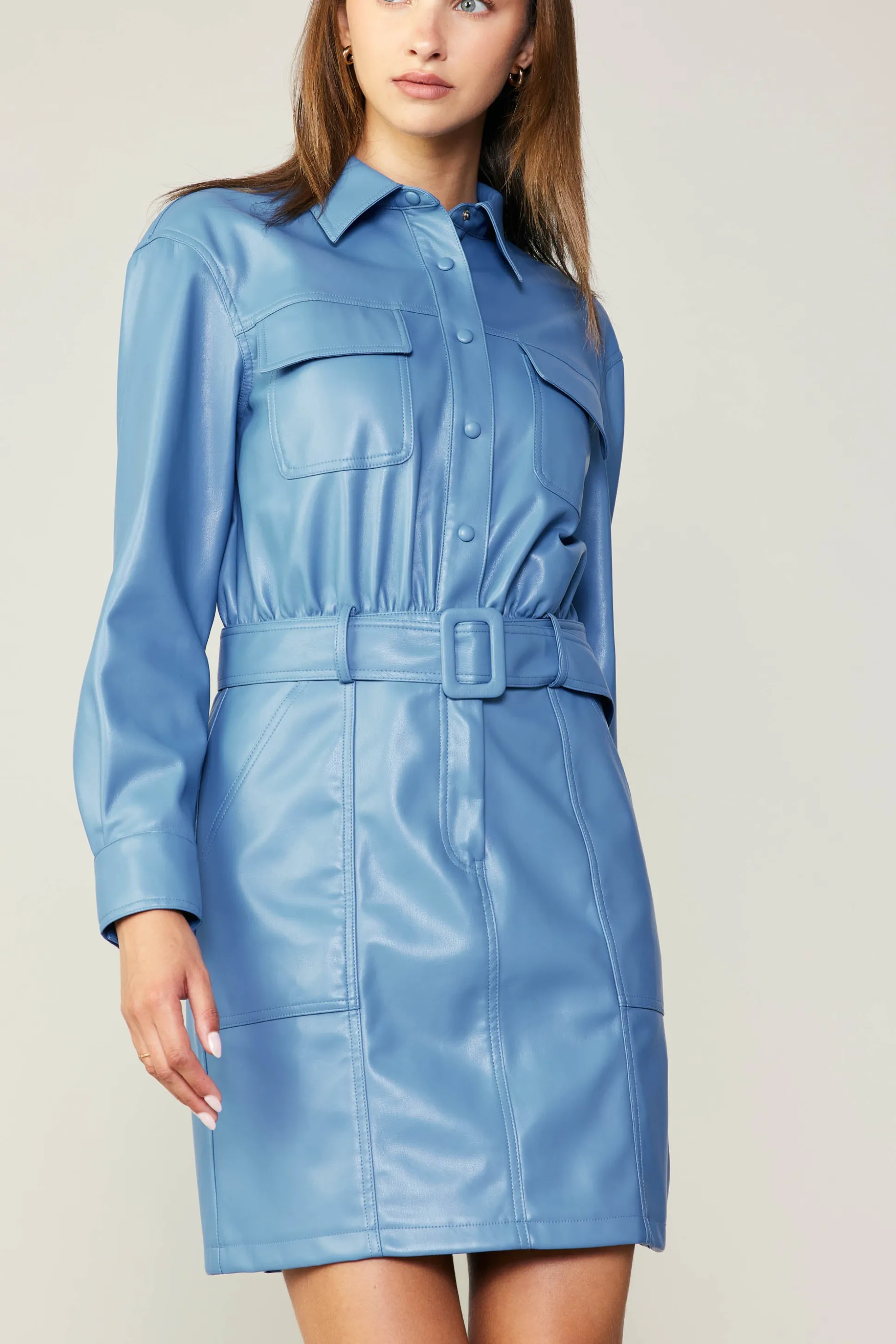 Vegan Leather Belted Shirt Dress<Current Air Outlet