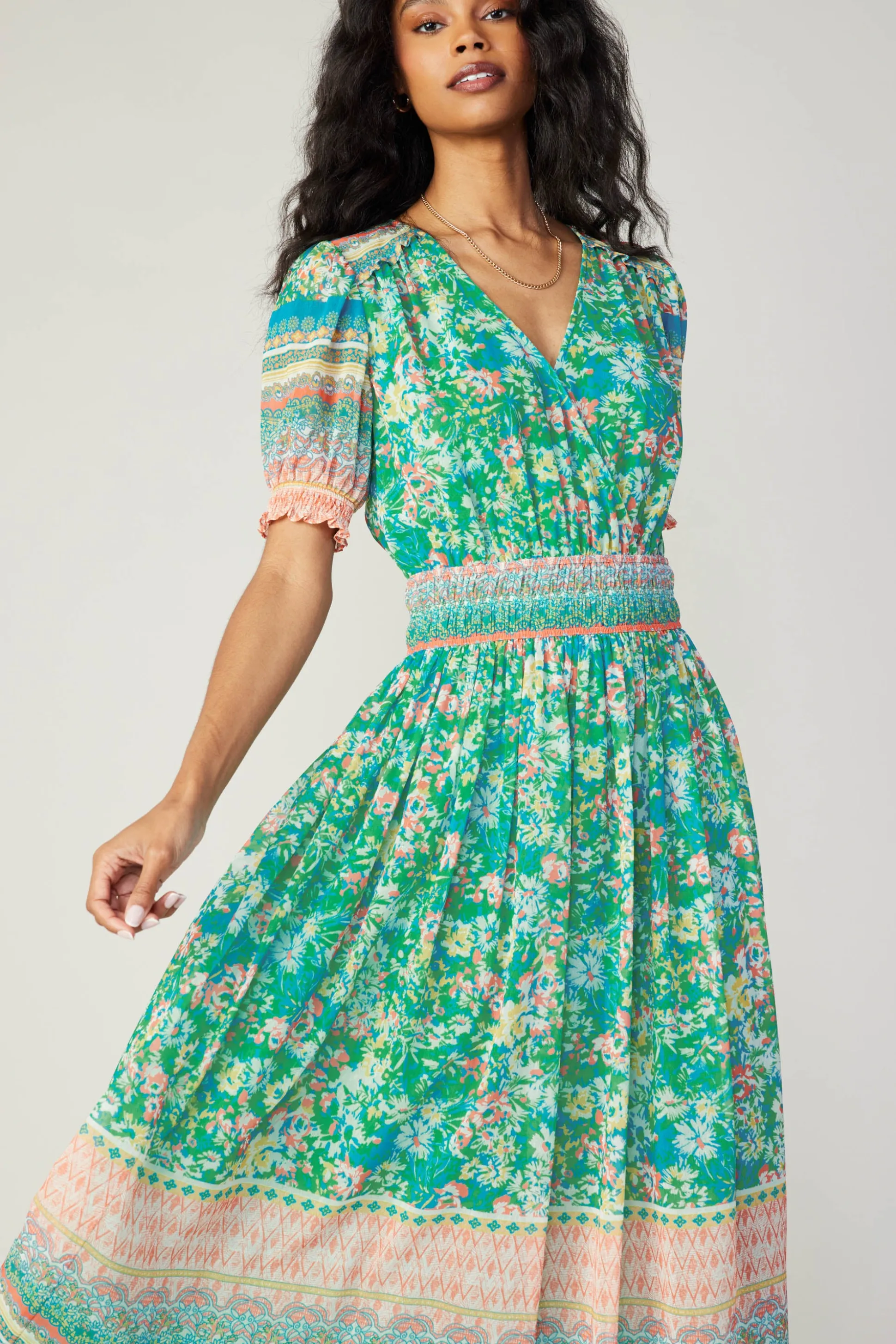Bordered Floral Print Midi Dress<Current Air Outlet