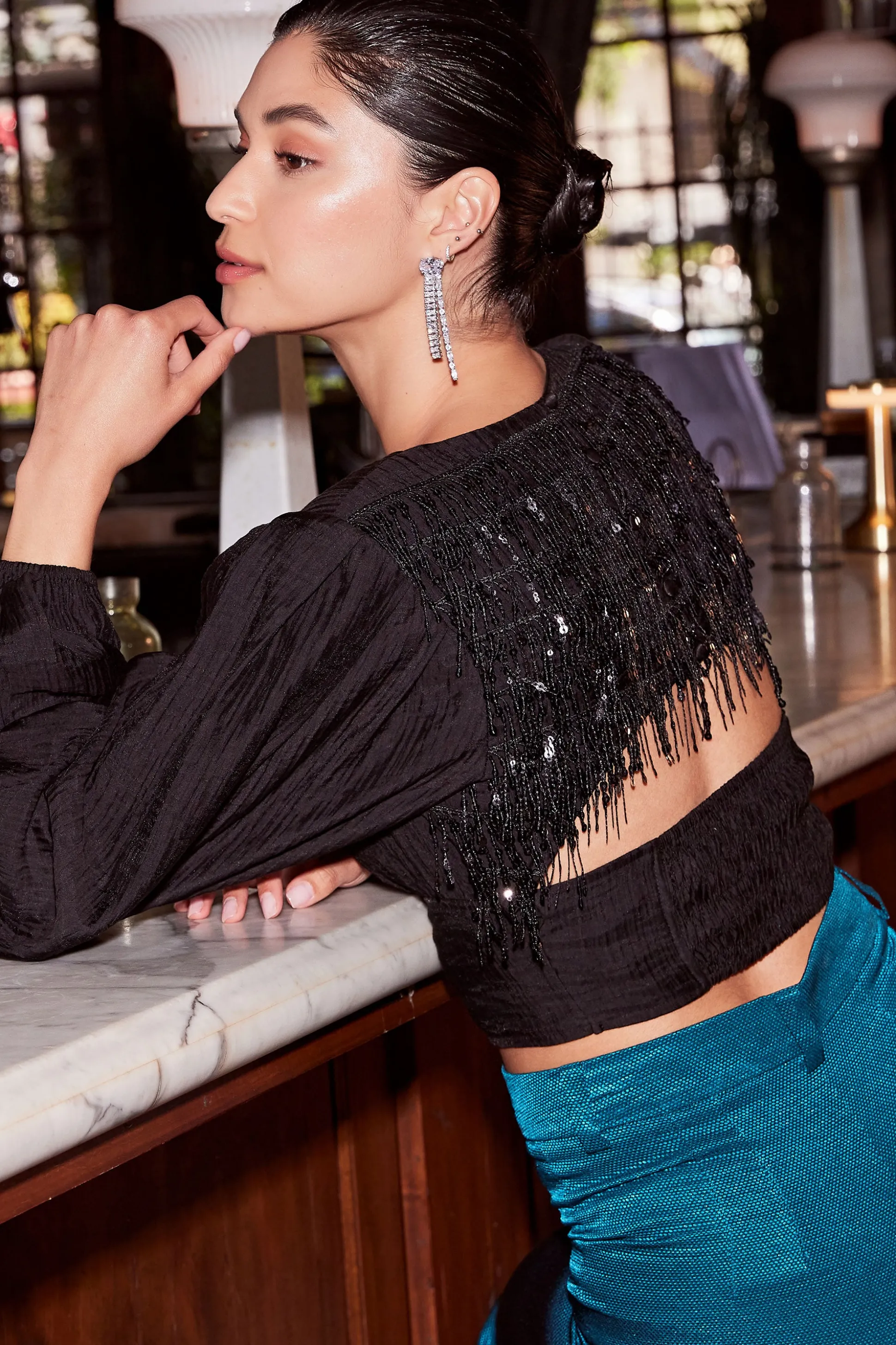 Sequin Back Cutout Top<Current Air Best