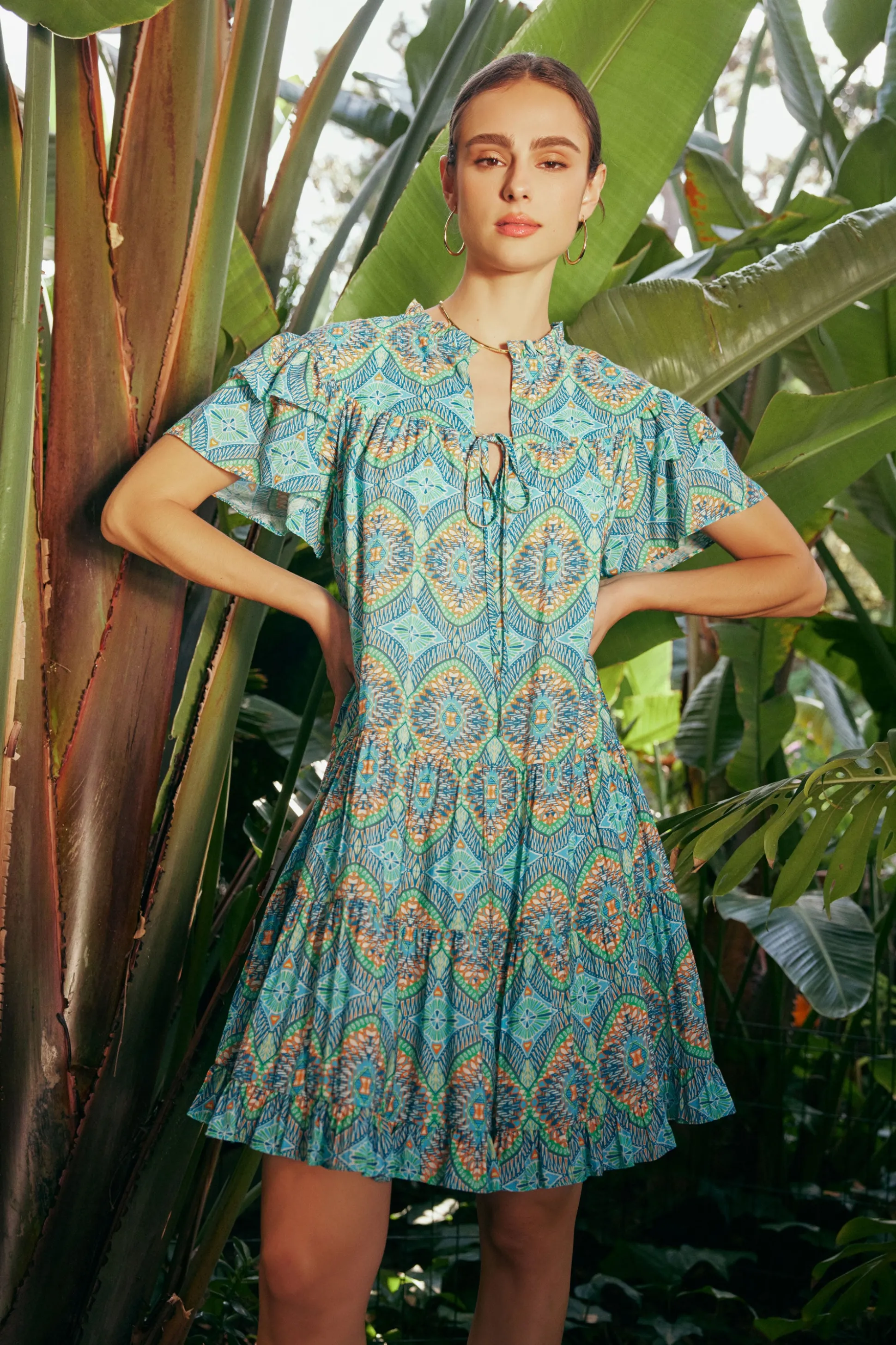 Flutter Sleeve Geo Print Dress<Current Air Fashion