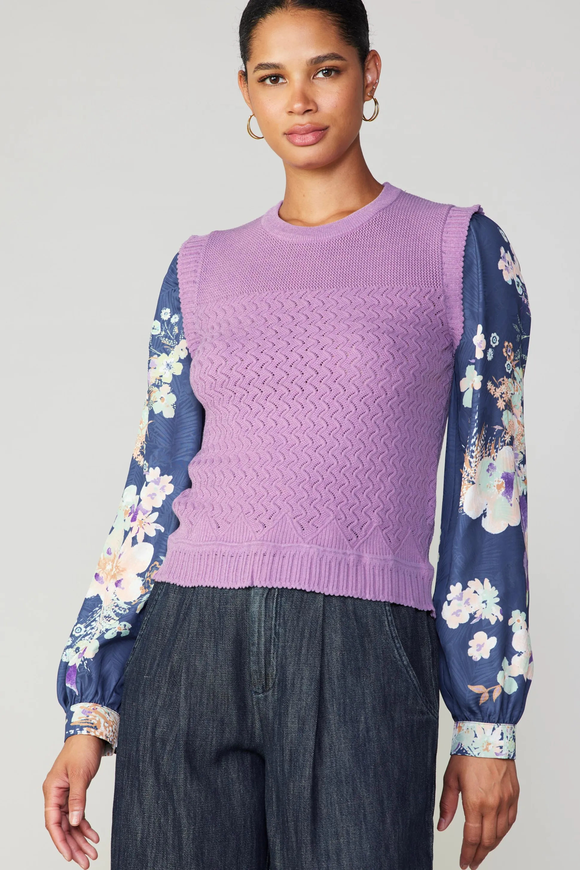 Floral Contrast Sleeve Sweater Top<Current Air Fashion