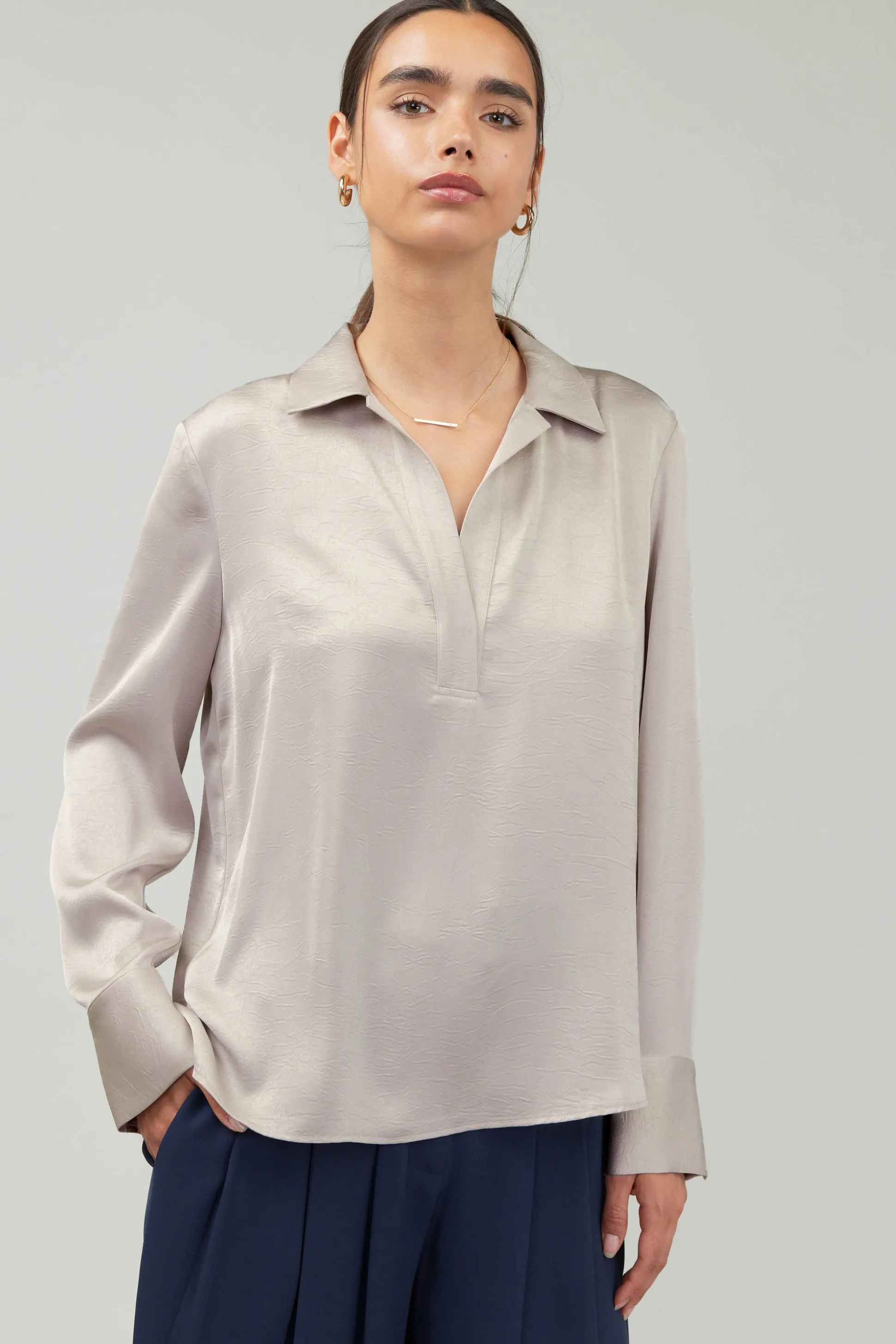 Collared Splitneck Blouse<Current Air Fashion